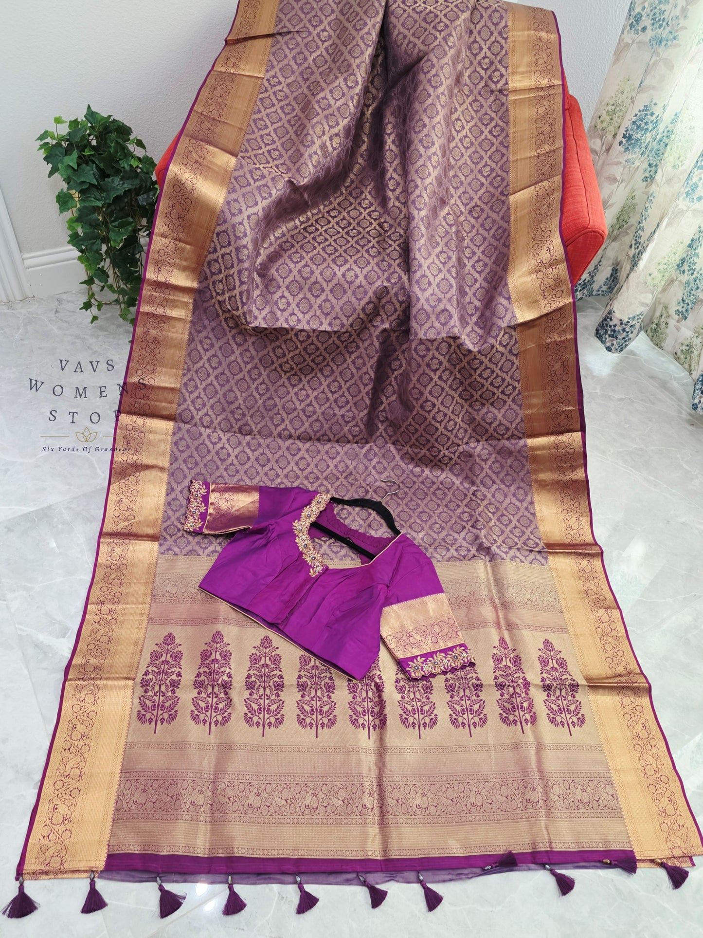 Royal Orchid Purple Pure Kanchipuram Double Warp Soft Silk Saree with Maggam Blouse Size 38-44