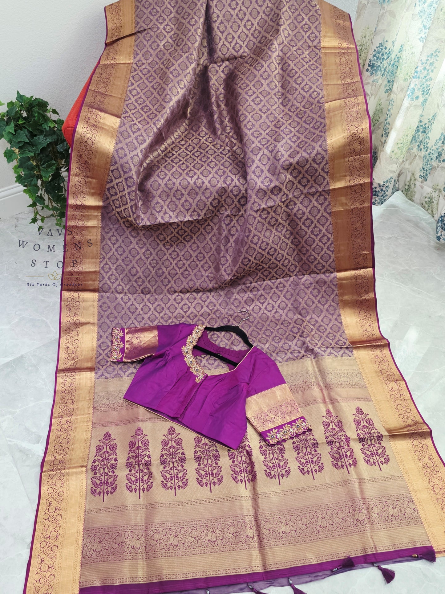 Royal Orchid Purple Pure Kanchipuram Double Warp Soft Silk Saree with Maggam Blouse Size 38-44