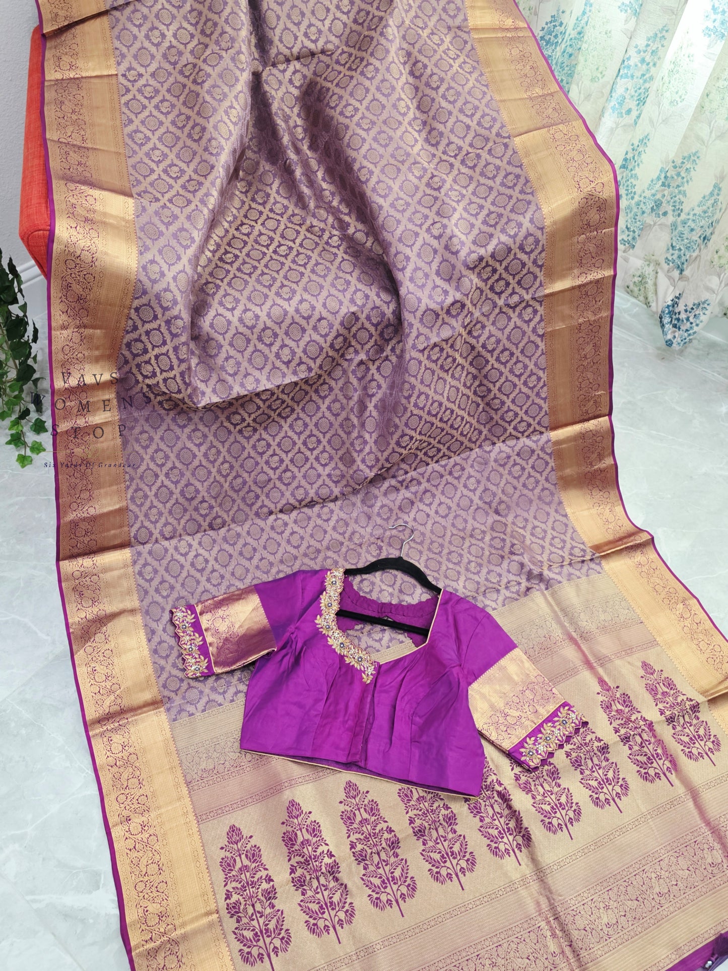 Royal Orchid Purple Pure Kanchipuram Double Warp Soft Silk Saree with Maggam Blouse Size 38-44