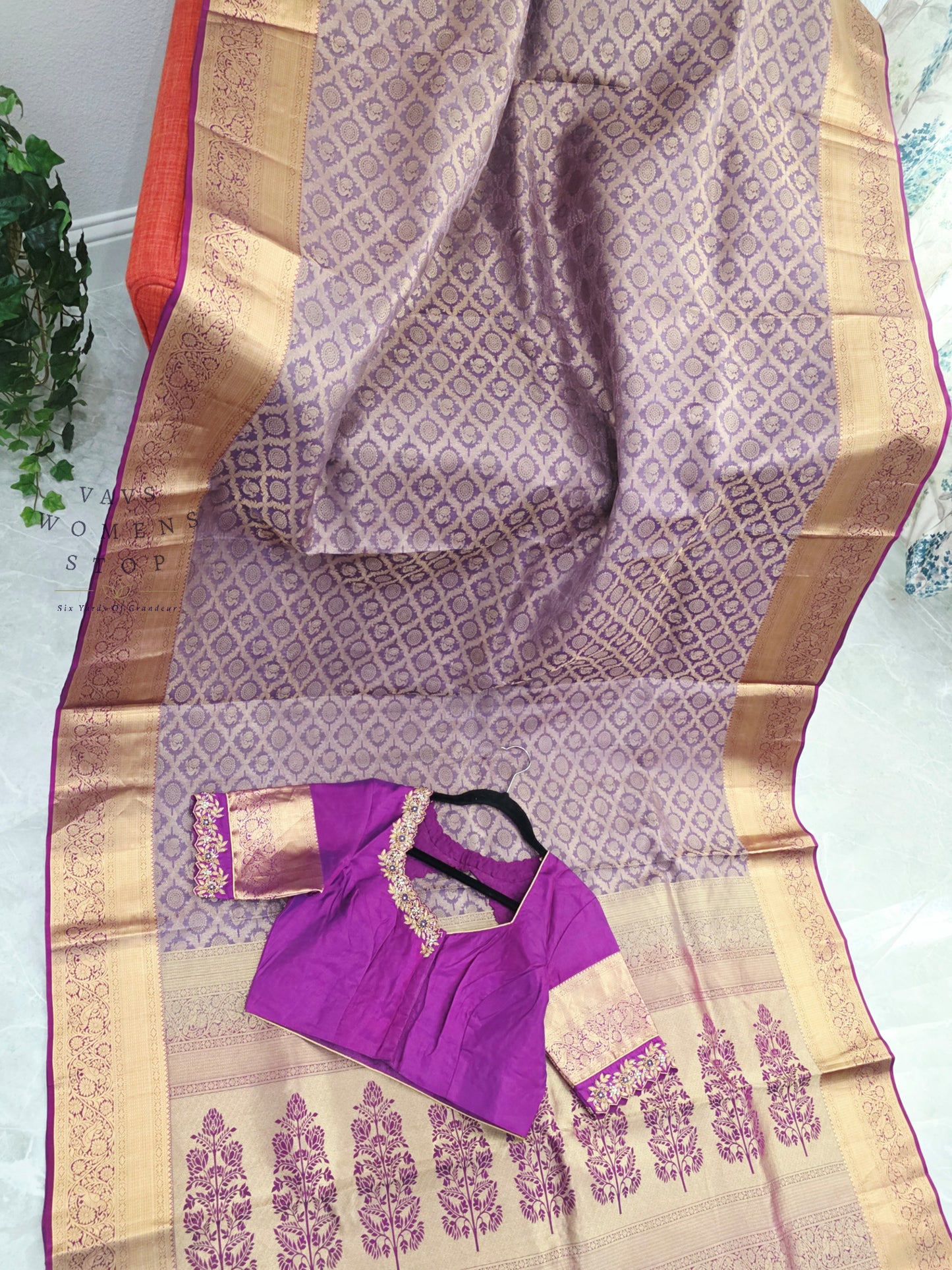 Royal Orchid Purple Pure Kanchipuram Double Warp Soft Silk Saree with Maggam Blouse Size 38-44