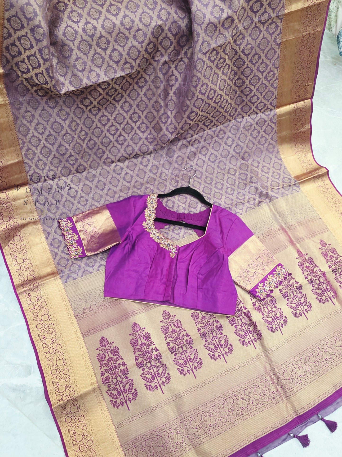 Royal Orchid Purple Pure Kanchipuram Double Warp Soft Silk Saree with Maggam Blouse Size 38-44