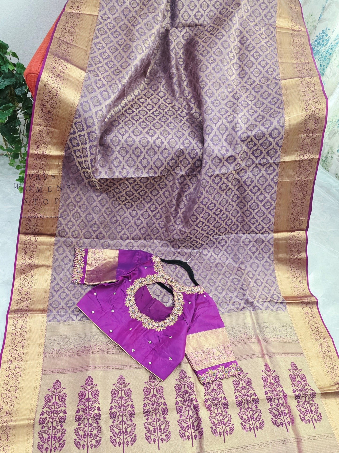 Royal Orchid Purple Pure Kanchipuram Double Warp Soft Silk Saree with Maggam Blouse Size 38-44