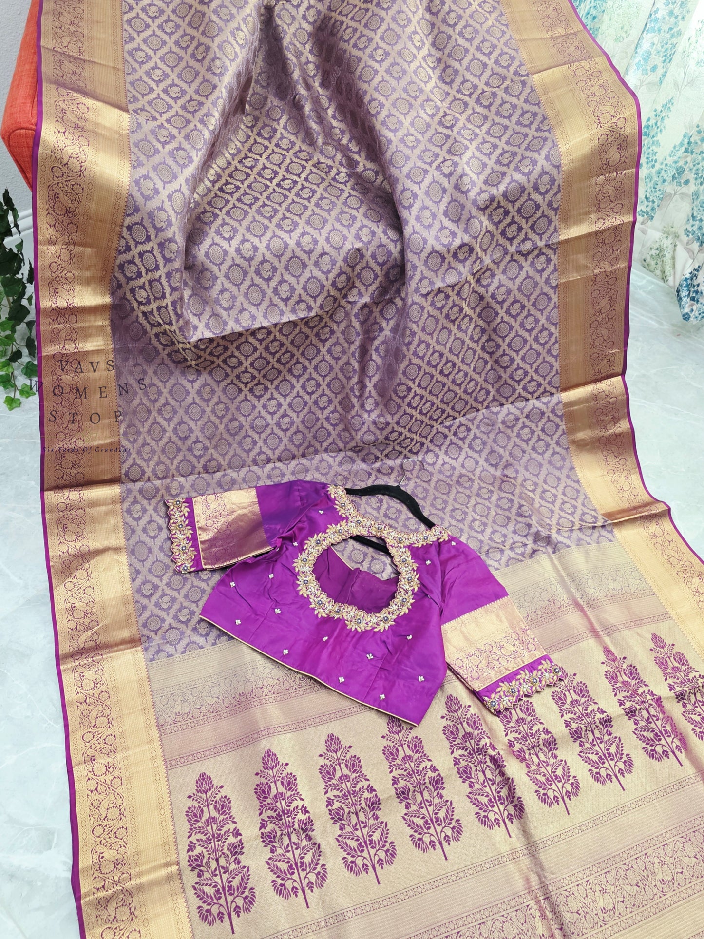 Royal Orchid Purple Pure Kanchipuram Double Warp Soft Silk Saree with Maggam Blouse Size 38-44