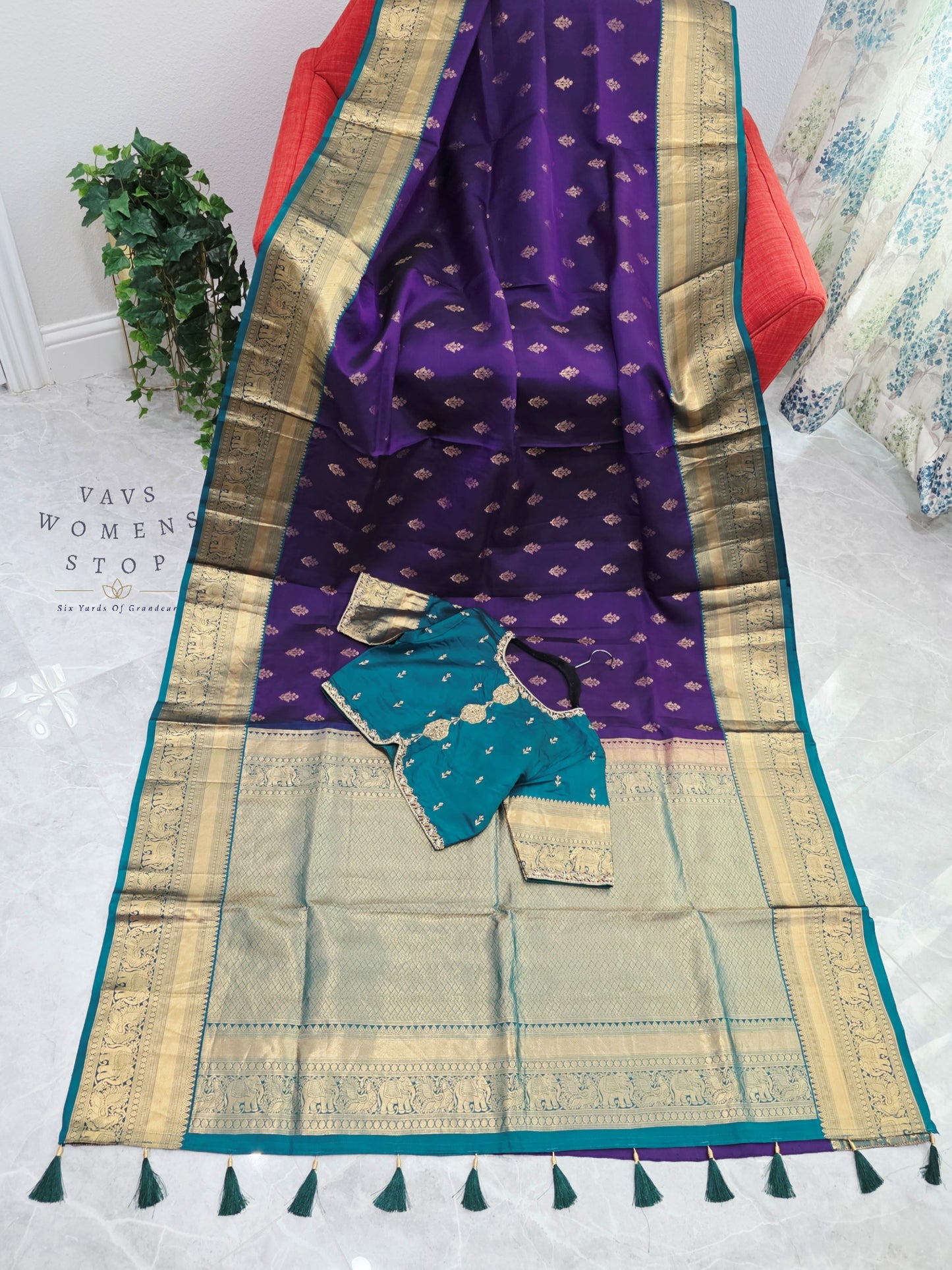 Royal Amethyst Purple Kanchipuram Soft Silk Saree with Teal Maggam Blouse
