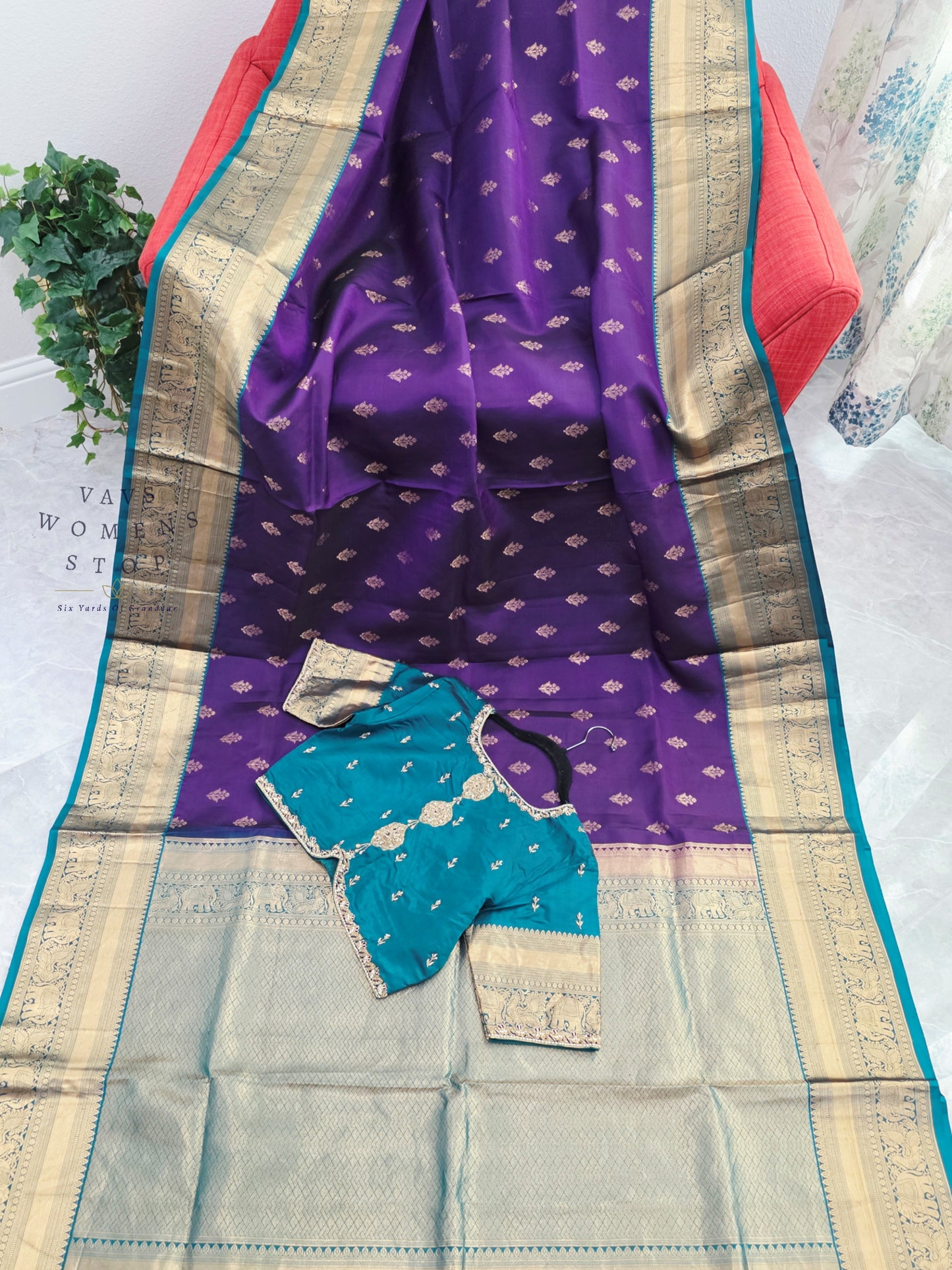 Royal Amethyst Purple Kanchipuram Soft Silk Saree with Teal Maggam Blouse