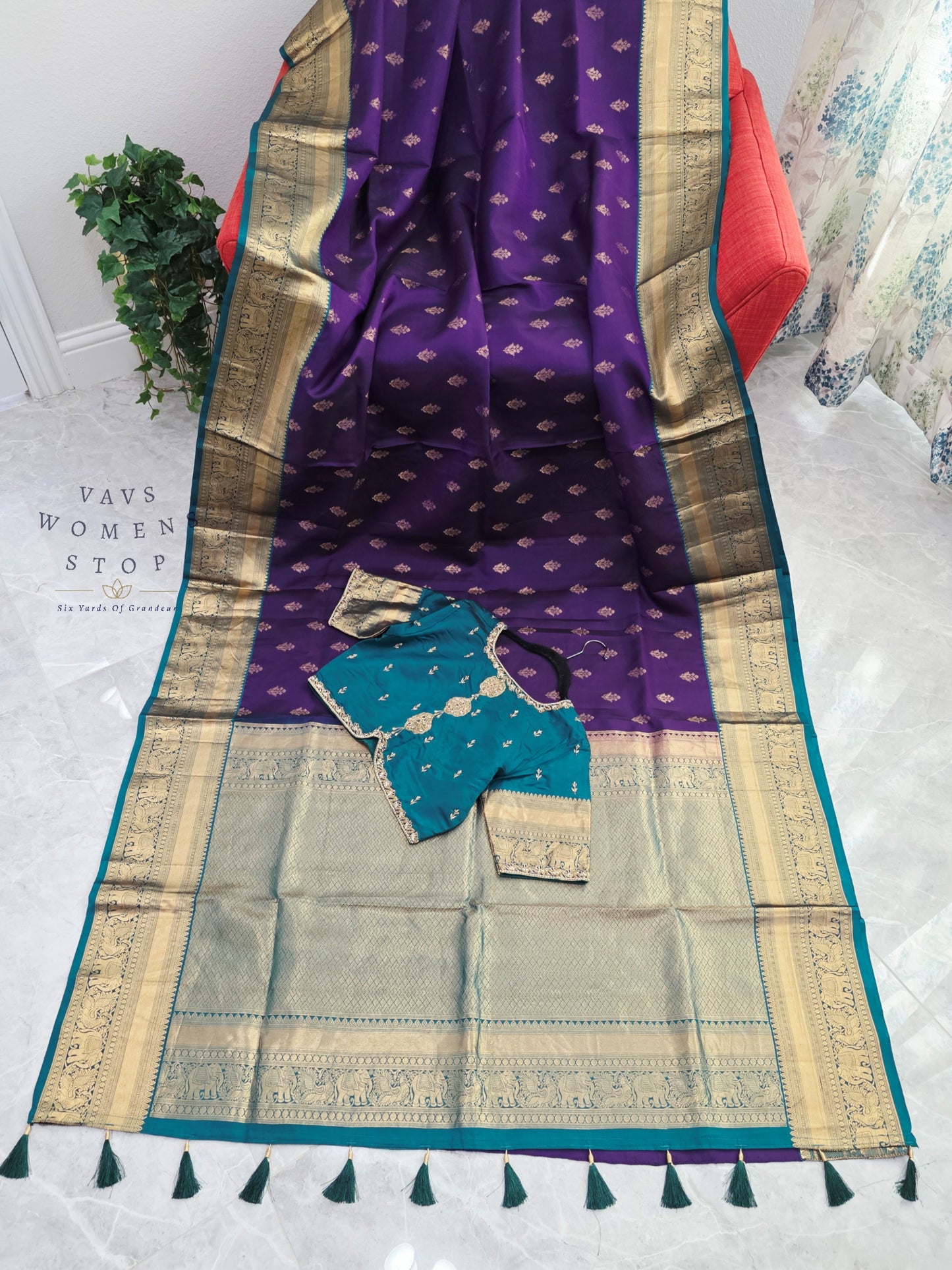 Royal Amethyst Purple Kanchipuram Soft Silk Saree with Teal Maggam Blouse