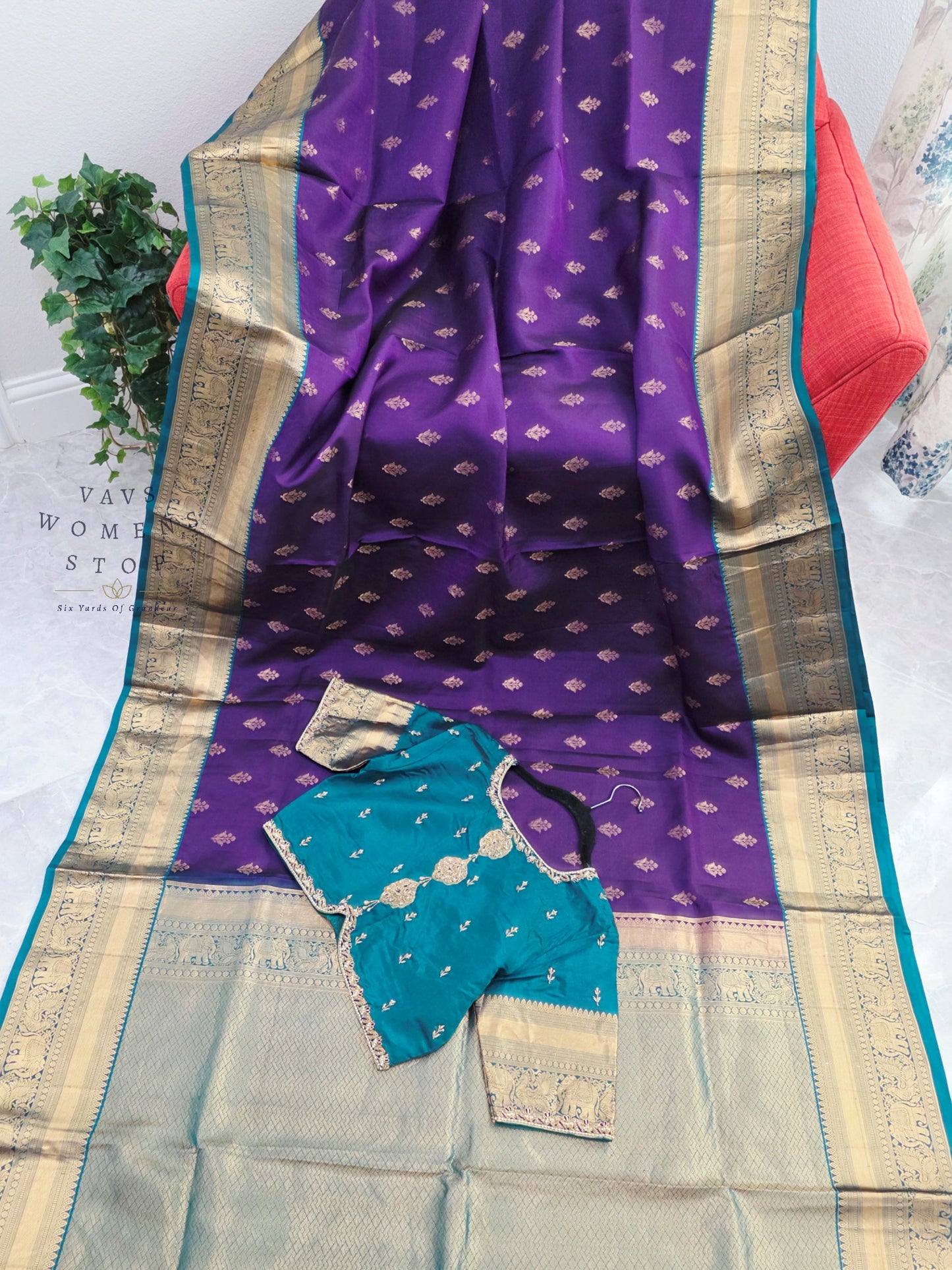 Royal Amethyst Purple Kanchipuram Soft Silk Saree with Teal Maggam Blouse