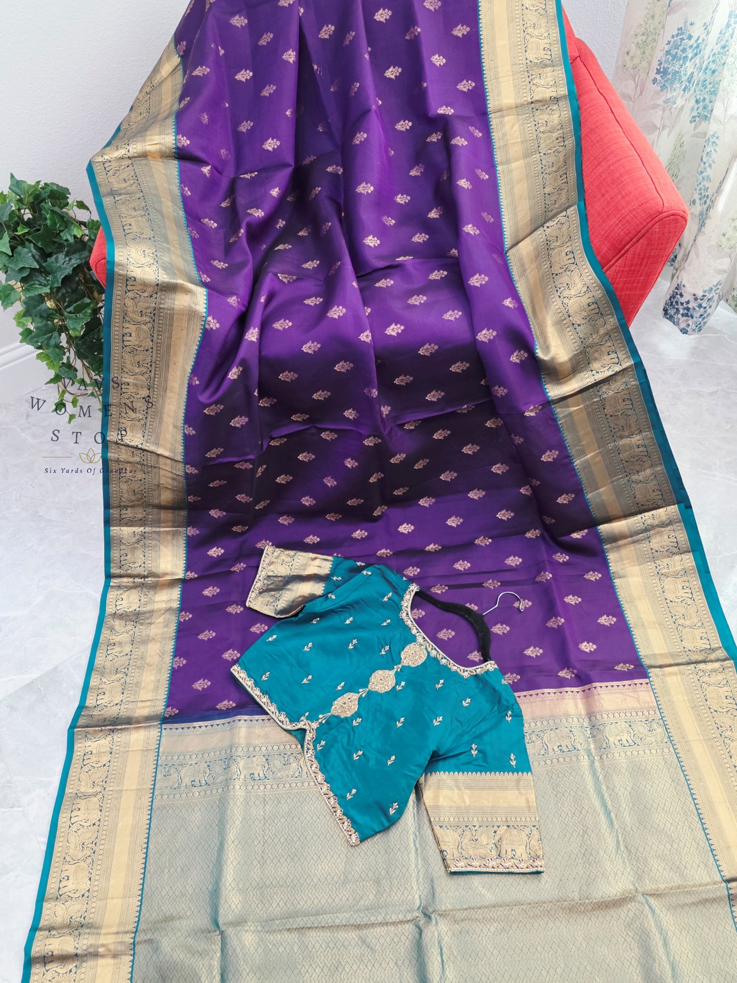 Royal Amethyst Purple Kanchipuram Soft Silk Saree with Teal Maggam Blouse
