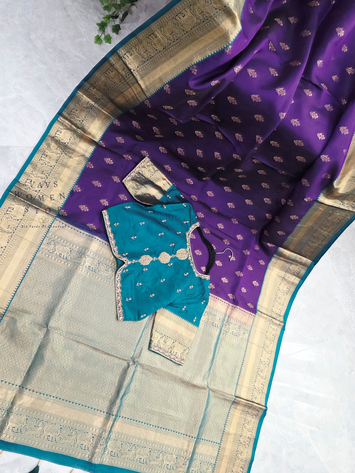 Royal Amethyst Purple Kanchipuram Soft Silk Saree with Teal Maggam Blouse