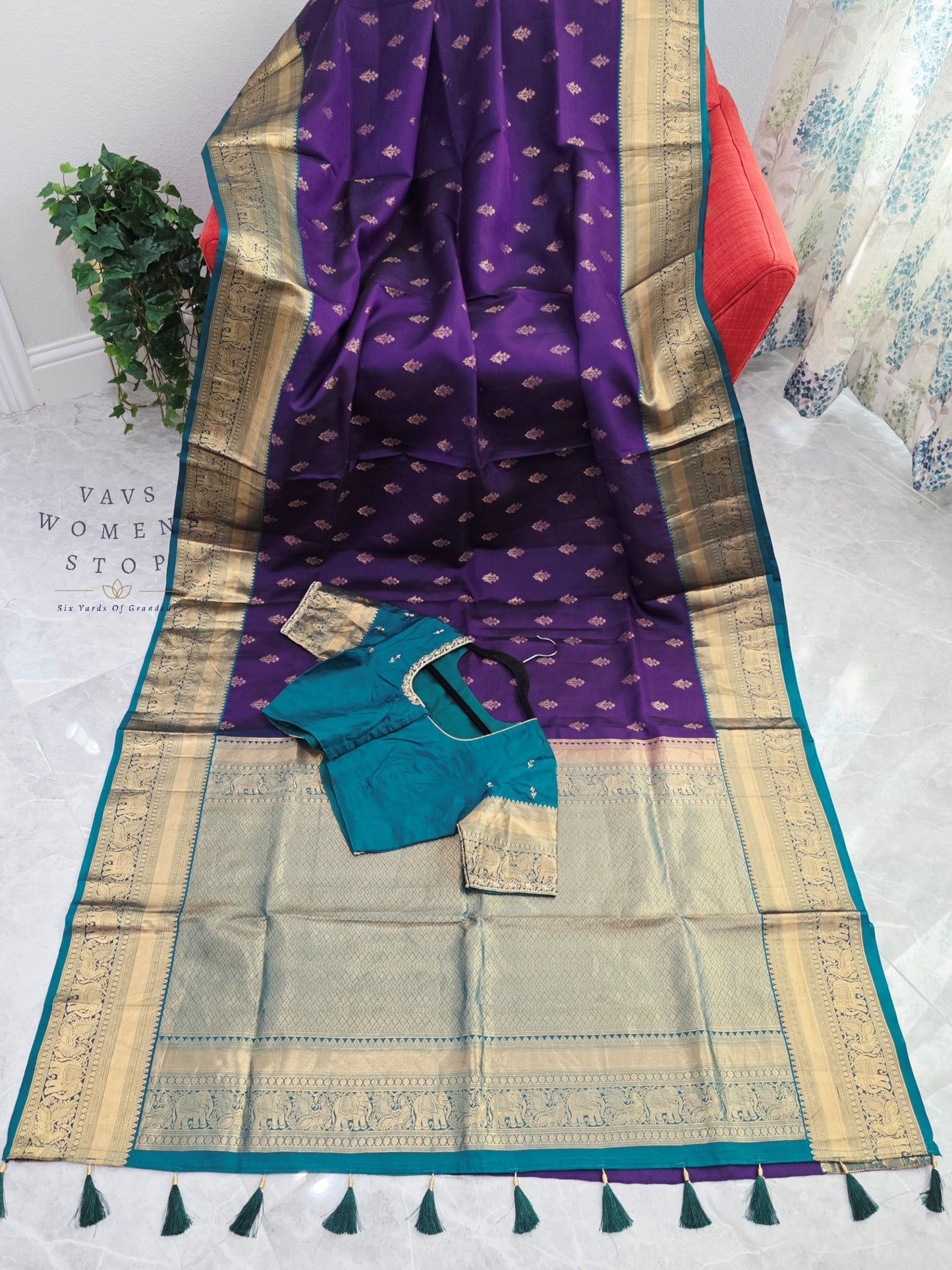 Royal Amethyst Purple Kanchipuram Soft Silk Saree with Teal Maggam Blouse