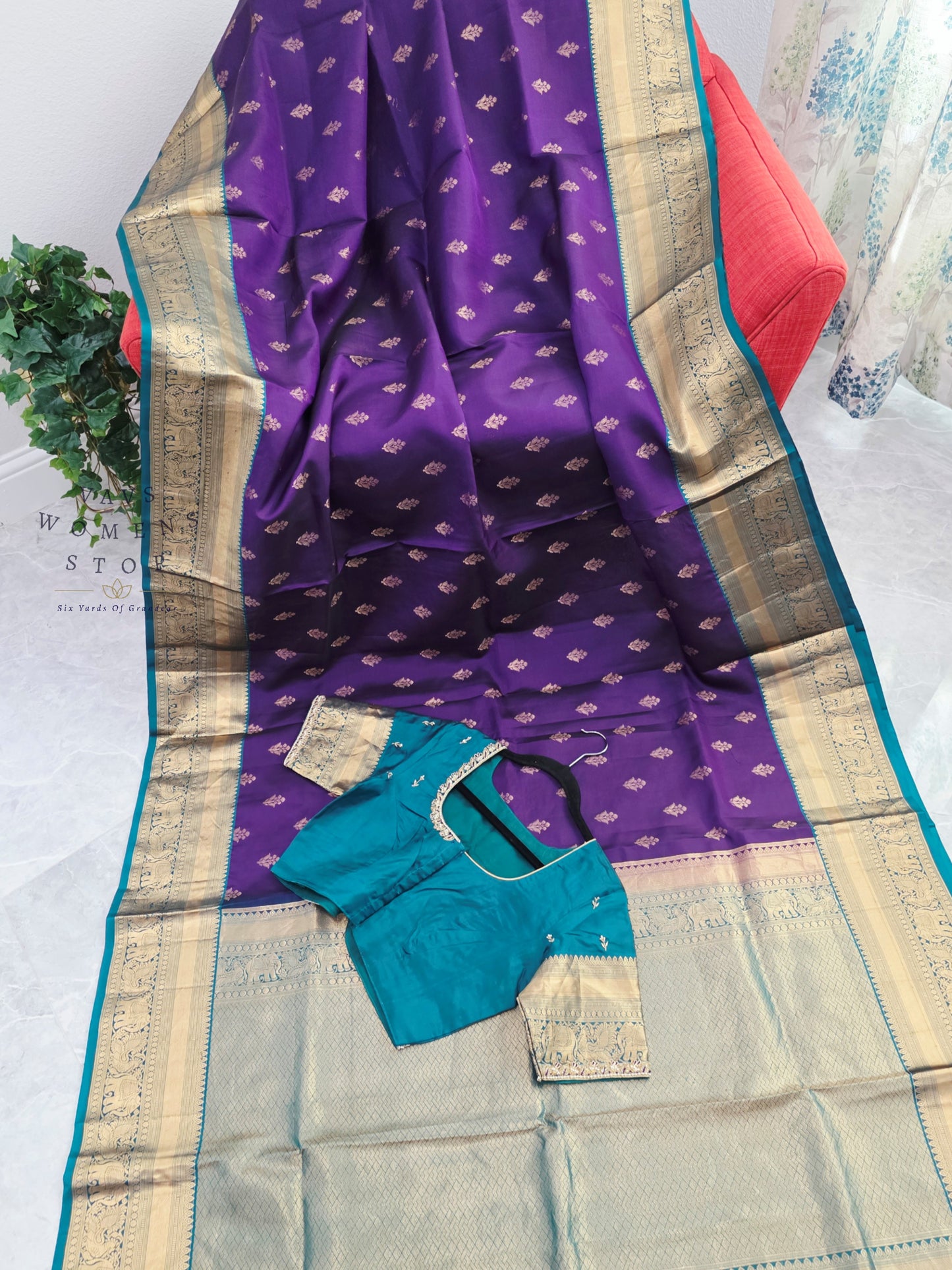 Royal Amethyst Purple Kanchipuram Soft Silk Saree with Teal Maggam Blouse