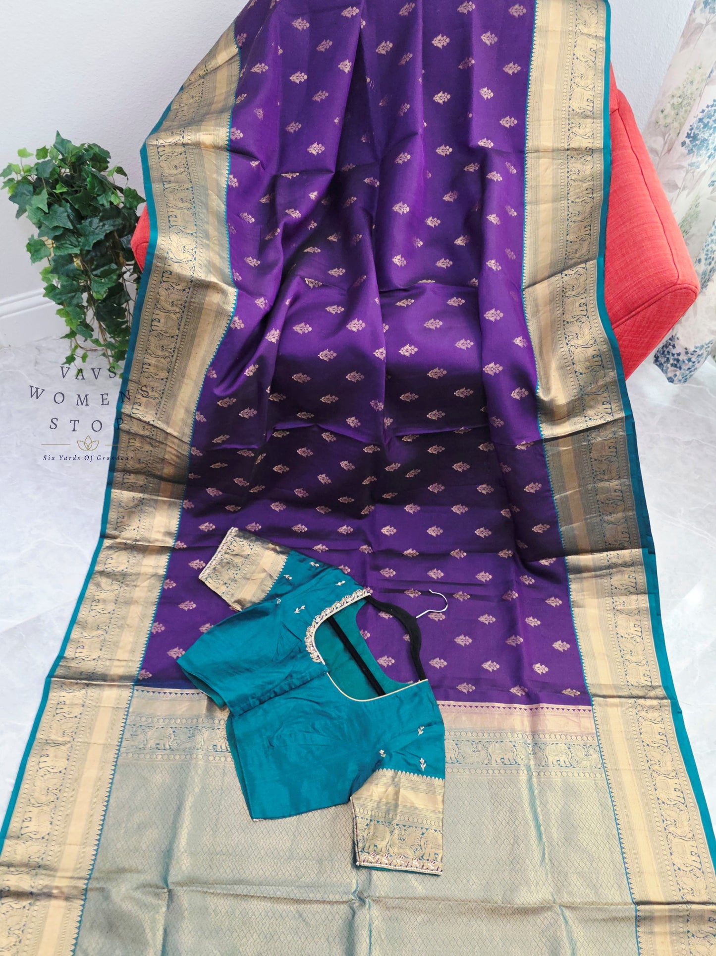 Royal Amethyst Purple Kanchipuram Soft Silk Saree with Teal Maggam Blouse