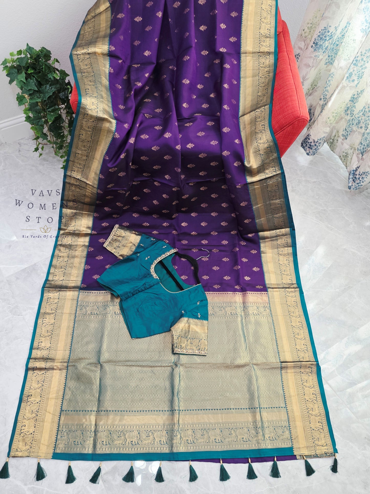 Royal Amethyst Purple Kanchipuram Soft Silk Saree with Teal Maggam Blouse