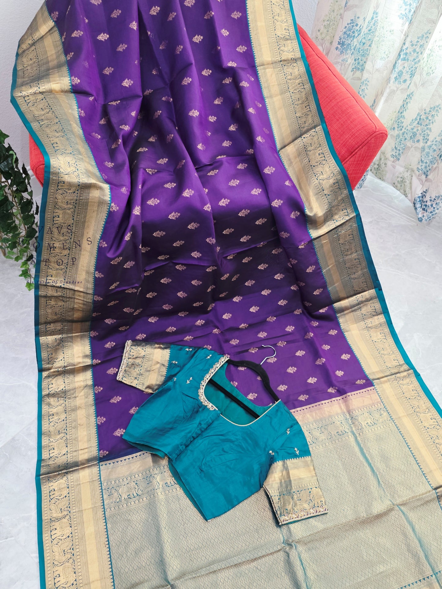 Royal Amethyst Purple Kanchipuram Soft Silk Saree with Teal Maggam Blouse