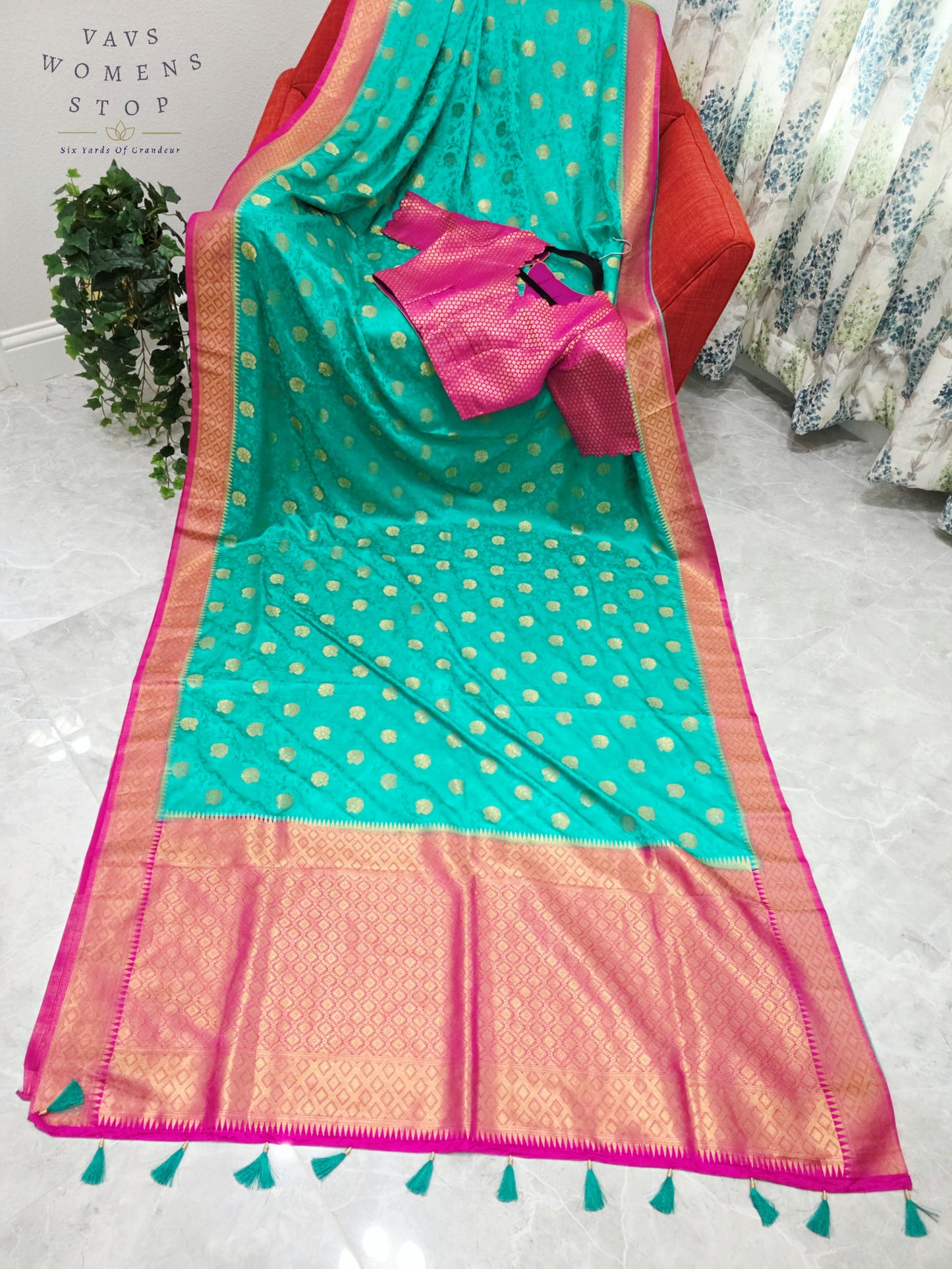 Royal Seafoam Green Satin Benarasi Silk Saree with Fuchsia Pink Brocade Blouse