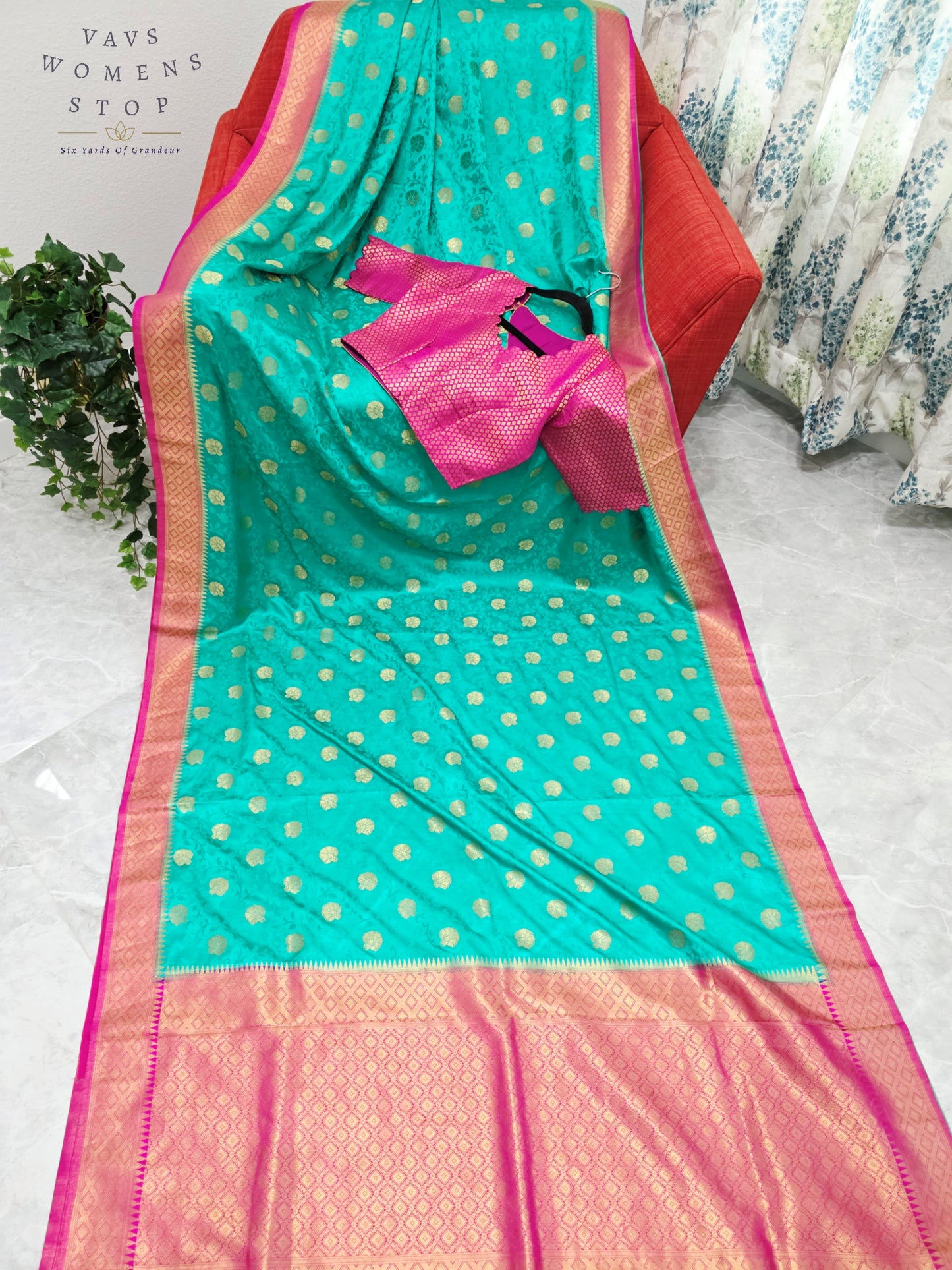 Royal Seafoam Green Satin Benarasi Silk Saree with Fuchsia Pink Brocade Blouse