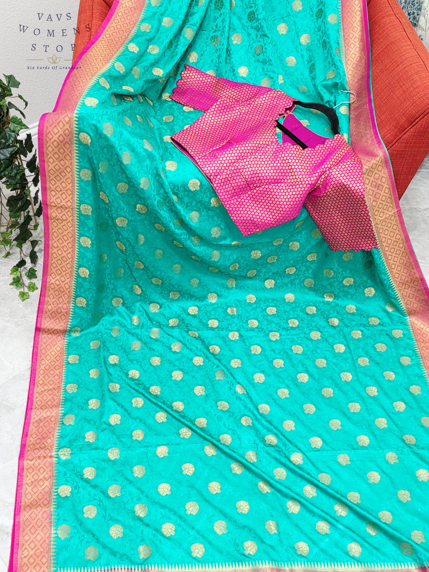 Royal Seafoam Green Satin Benarasi Silk Saree with Fuchsia Pink Brocade Blouse