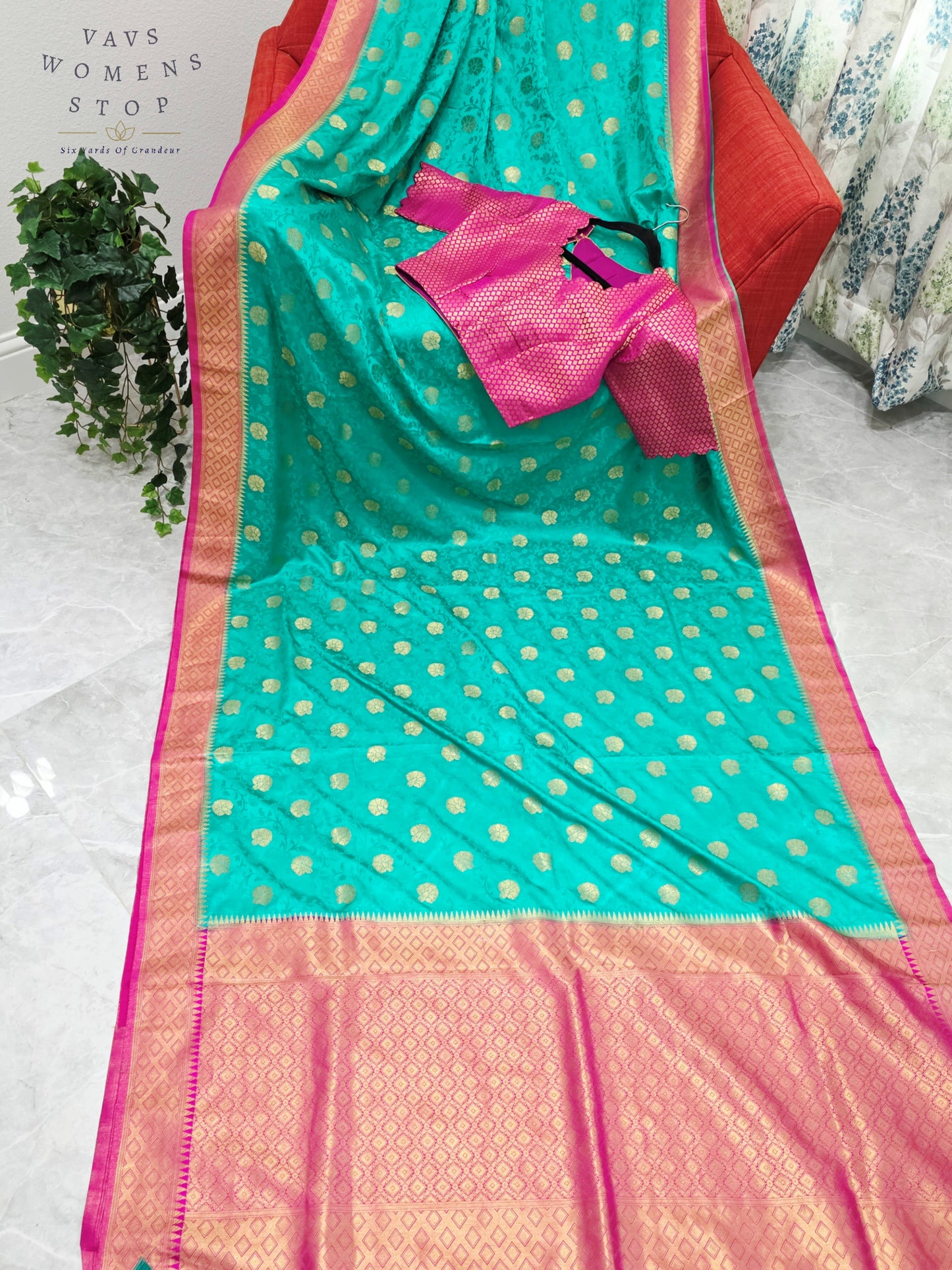Royal Seafoam Green Satin Benarasi Silk Saree with Fuchsia Pink Brocade Blouse