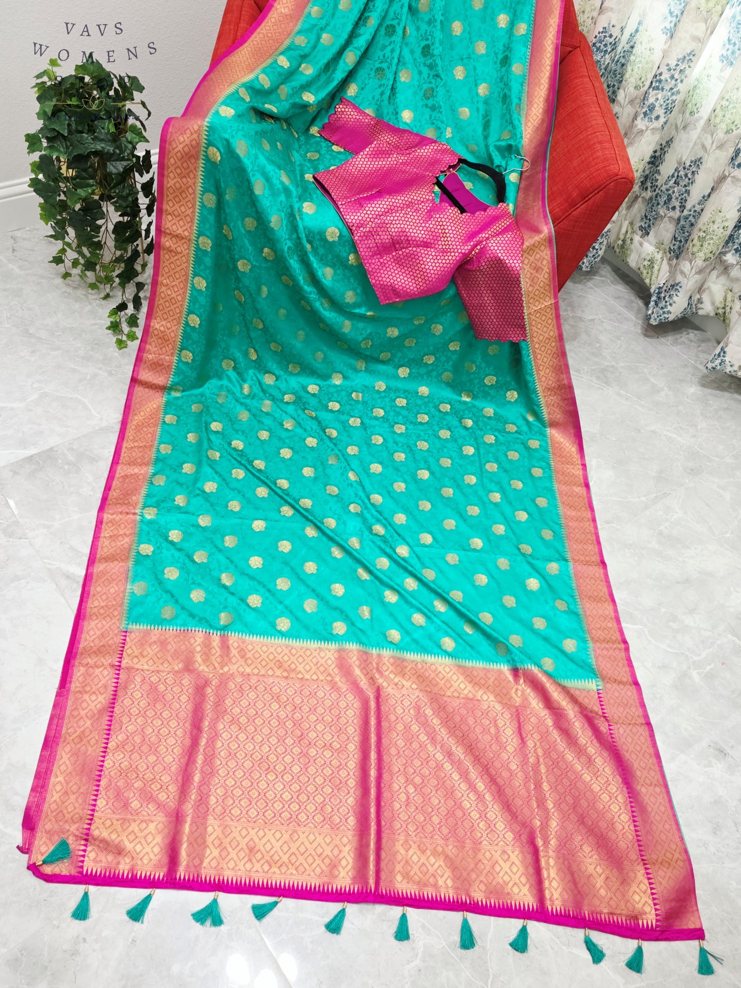 Royal Seafoam Green Satin Benarasi Silk Saree with Fuchsia Pink Brocade Blouse