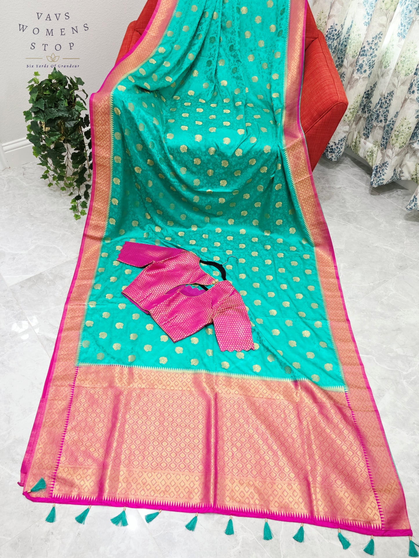 Royal Seafoam Green Satin Benarasi Silk Saree with Fuchsia Pink Brocade Blouse