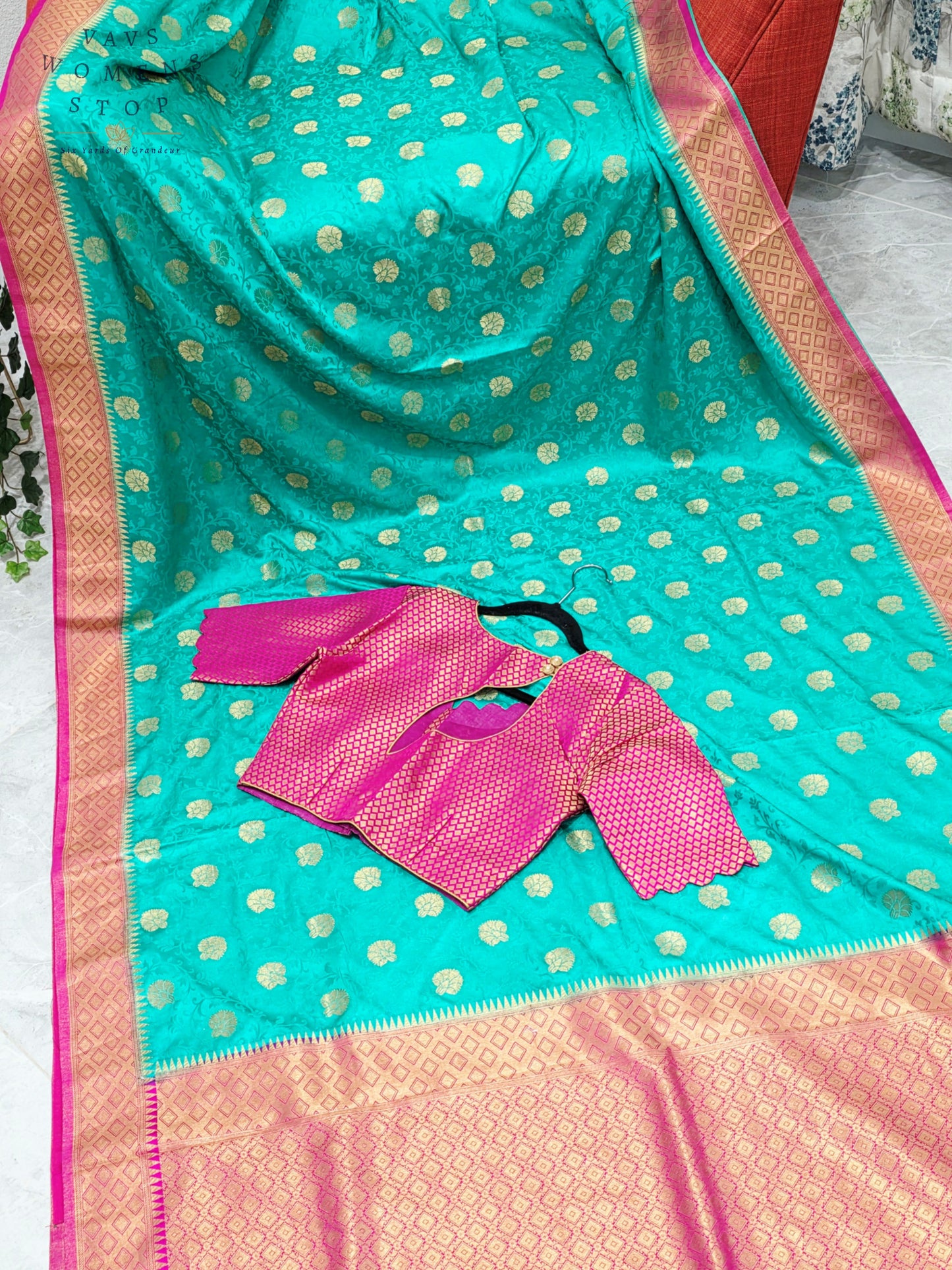 Royal Seafoam Green Satin Benarasi Silk Saree with Fuchsia Pink Brocade Blouse
