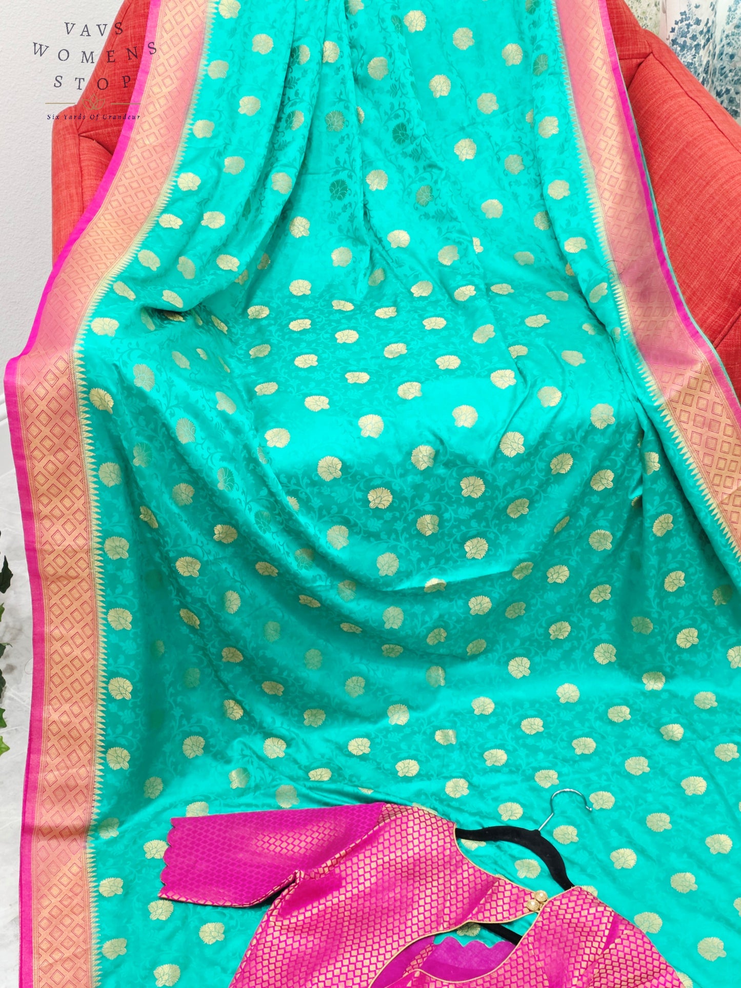 Royal Seafoam Green Satin Benarasi Silk Saree with Fuchsia Pink Brocade Blouse