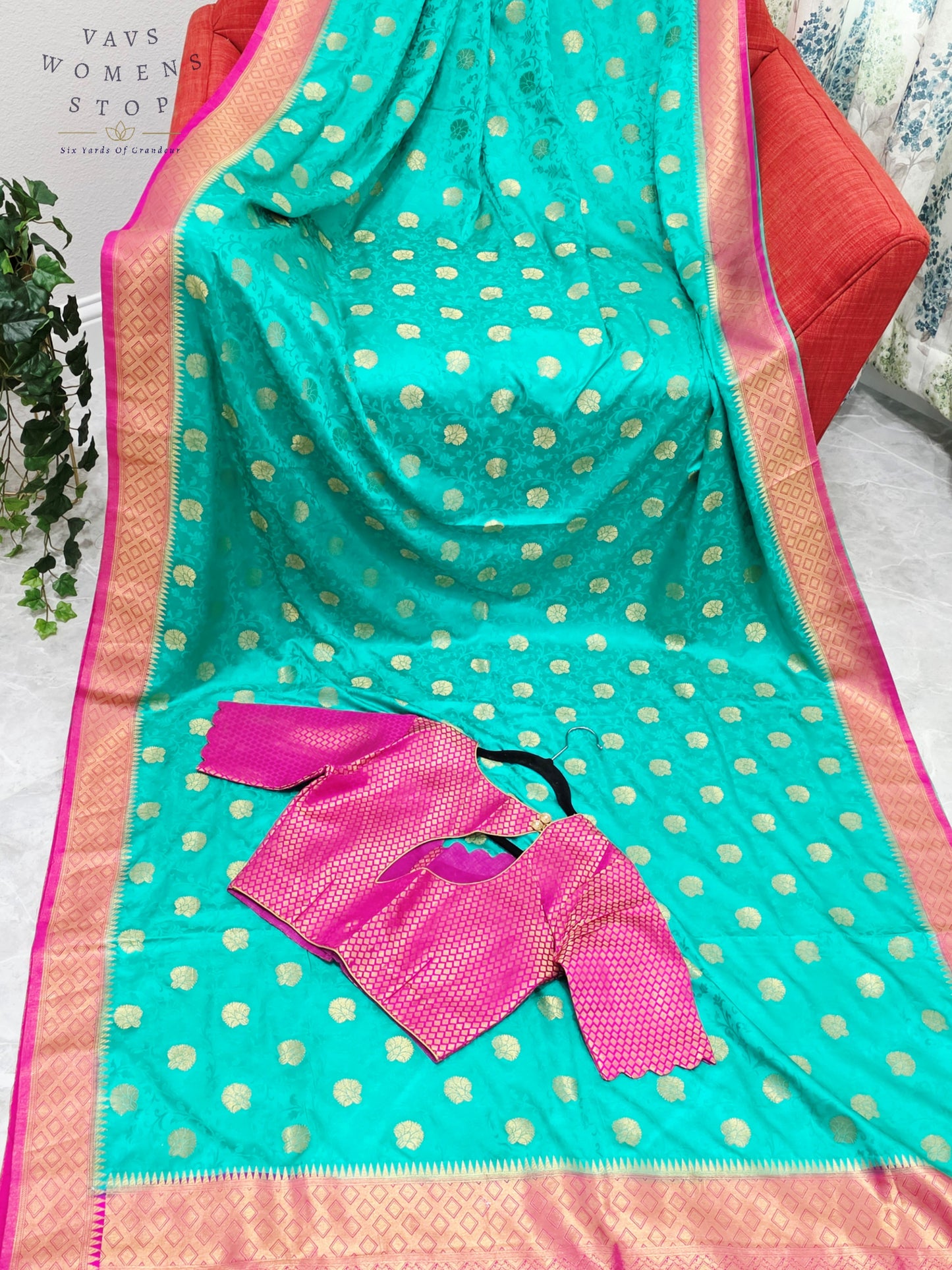Royal Seafoam Green Satin Benarasi Silk Saree with Fuchsia Pink Brocade Blouse