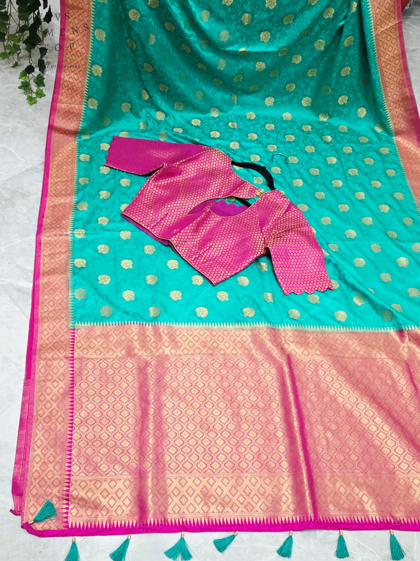Royal Seafoam Green Satin Benarasi Silk Saree with Fuchsia Pink Brocade Blouse
