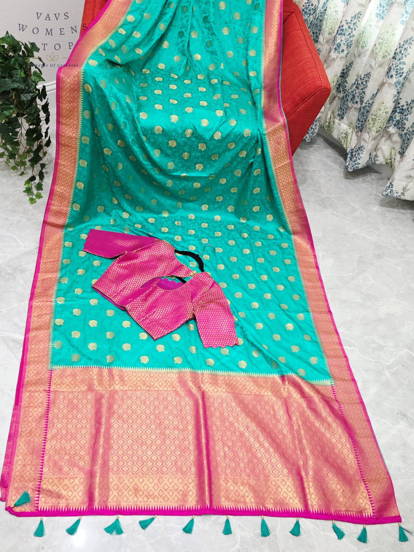 Royal Seafoam Green Satin Benarasi Silk Saree with Fuchsia Pink Brocade Blouse