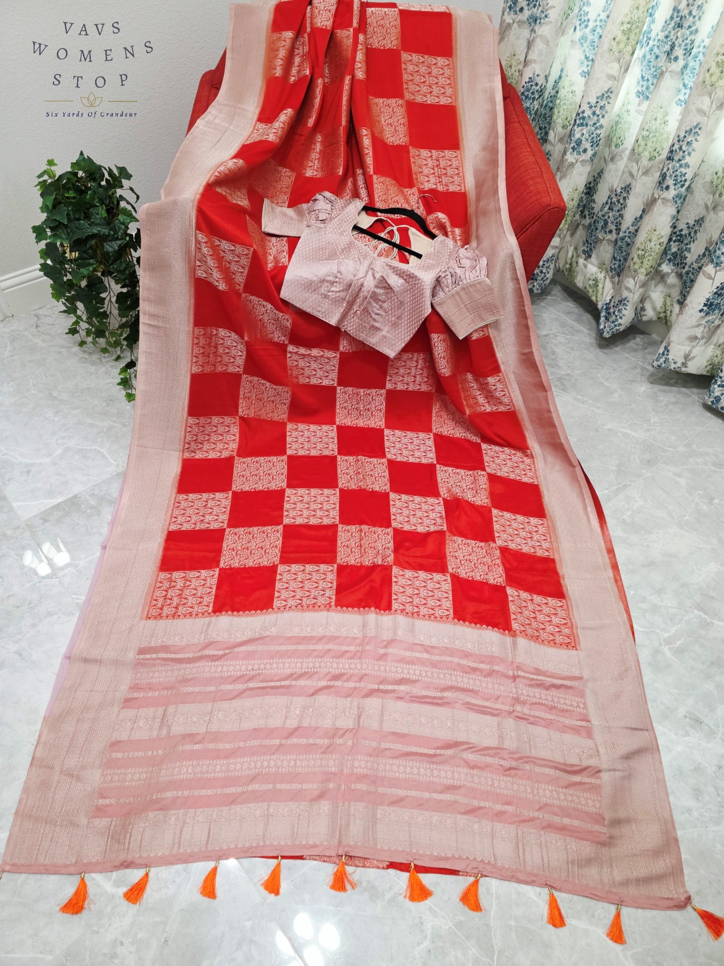 Orange Semi-Crepe Chiffon Saree with Mauve Pink & Beige Border | Stitched Blouse Included