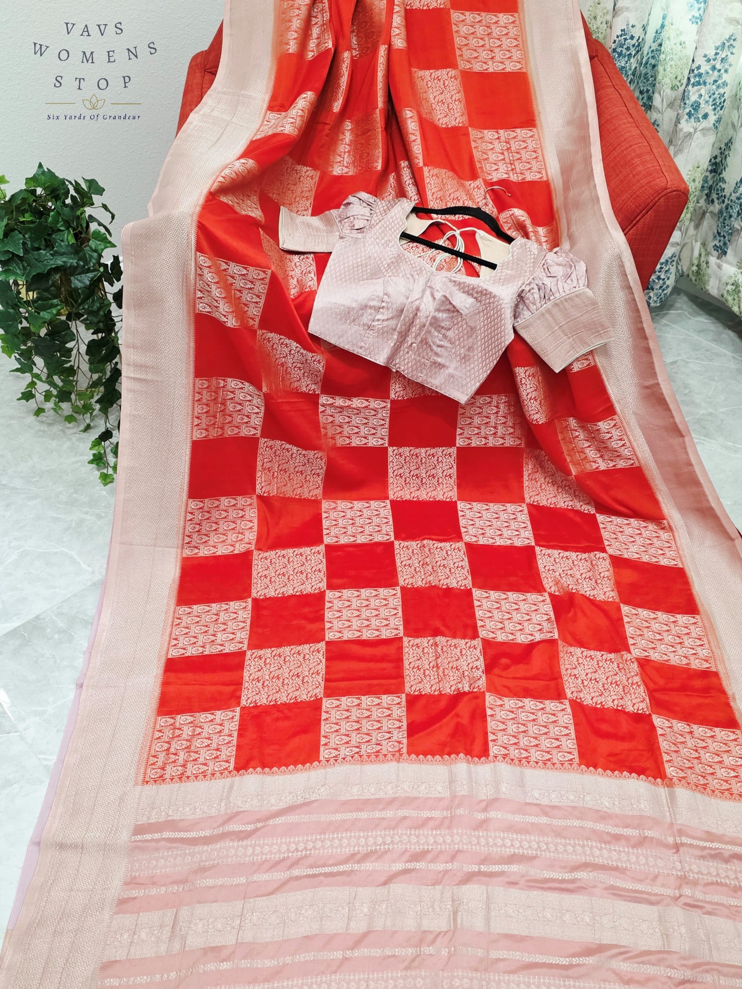 Orange Semi-Crepe Chiffon Saree with Mauve Pink & Beige Border | Stitched Blouse Included