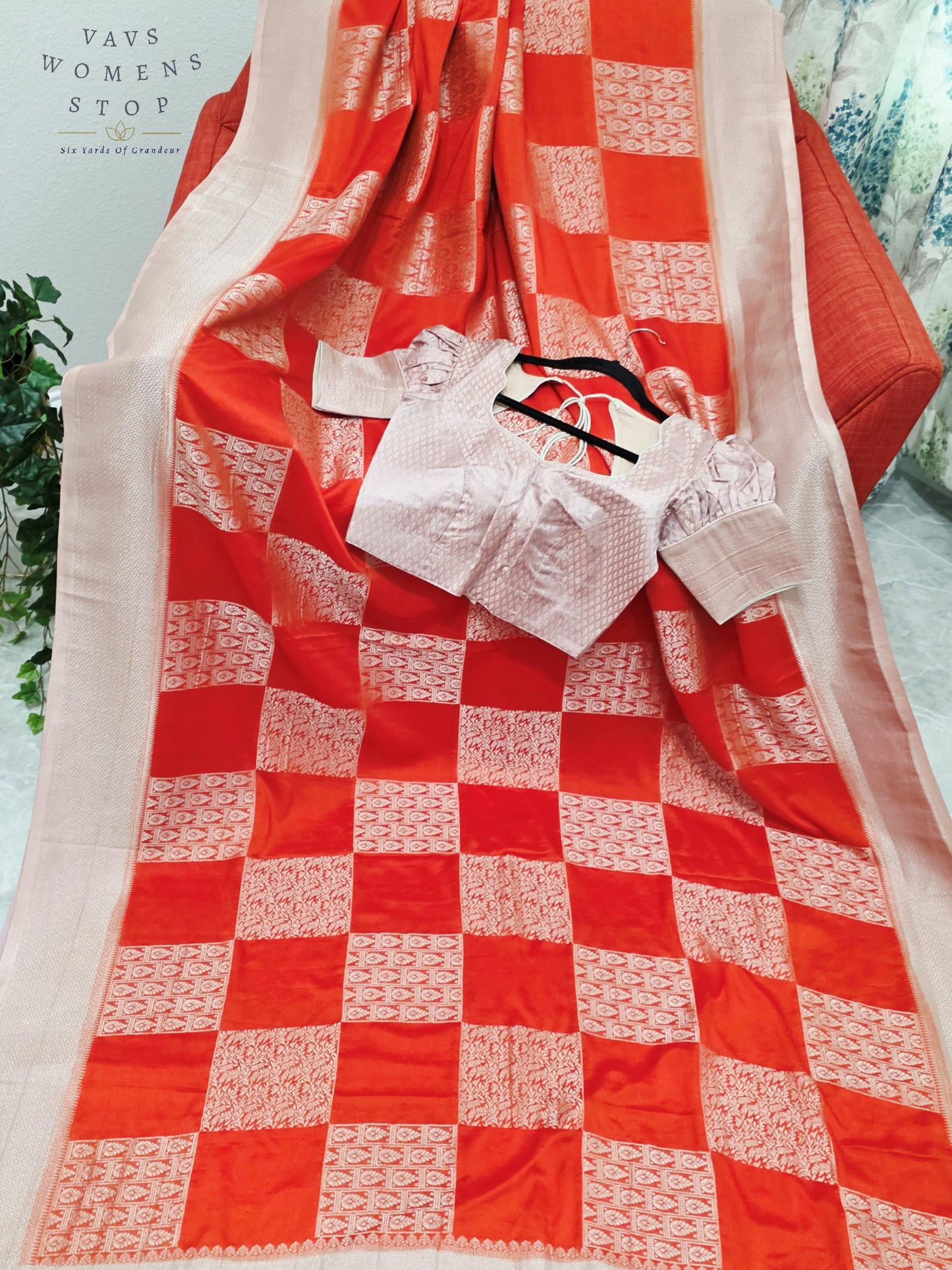 Orange Semi-Crepe Chiffon Saree with Mauve Pink & Beige Border | Stitched Blouse Included