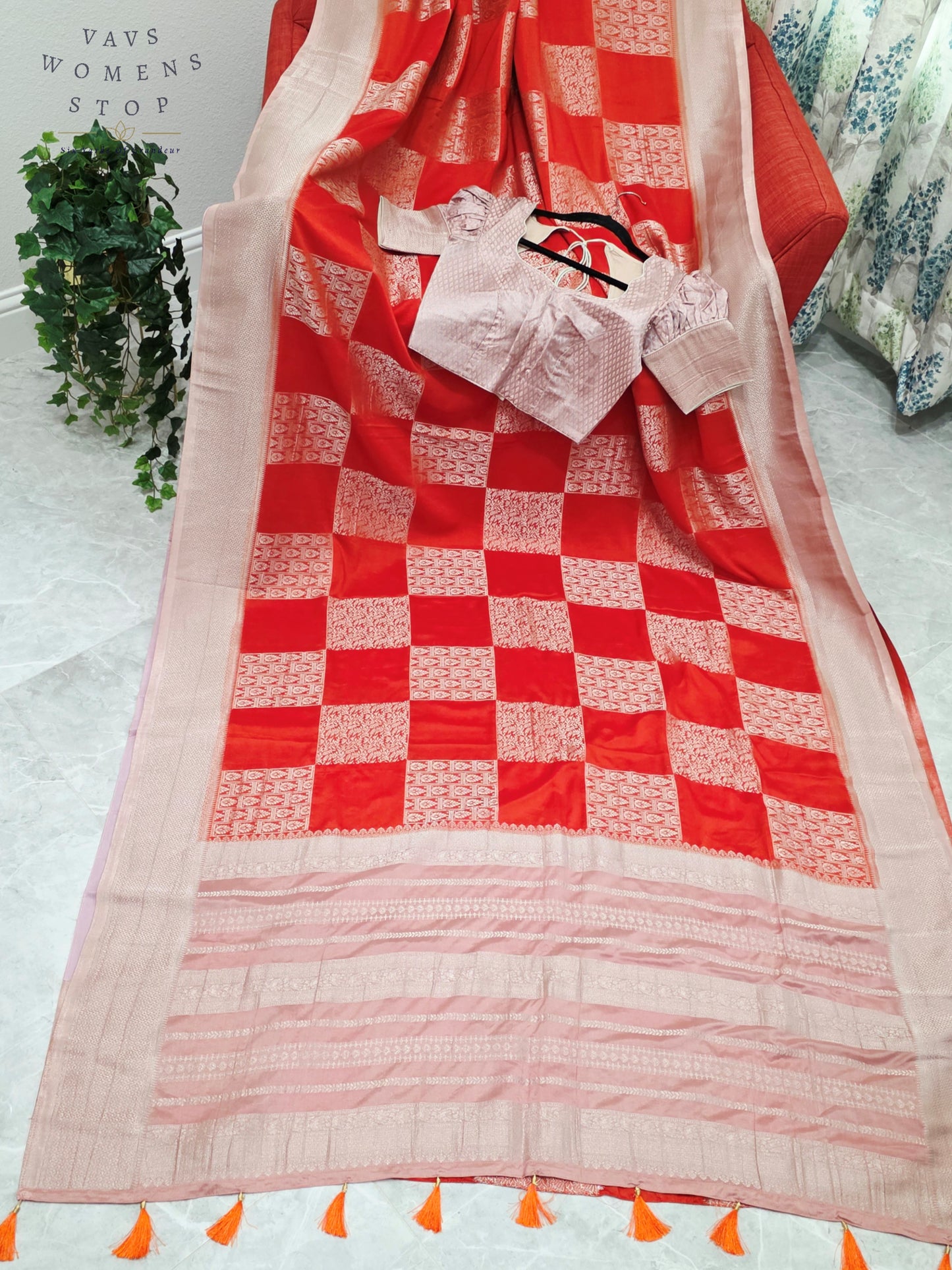 Orange Semi-Crepe Chiffon Saree with Mauve Pink & Beige Border | Stitched Blouse Included