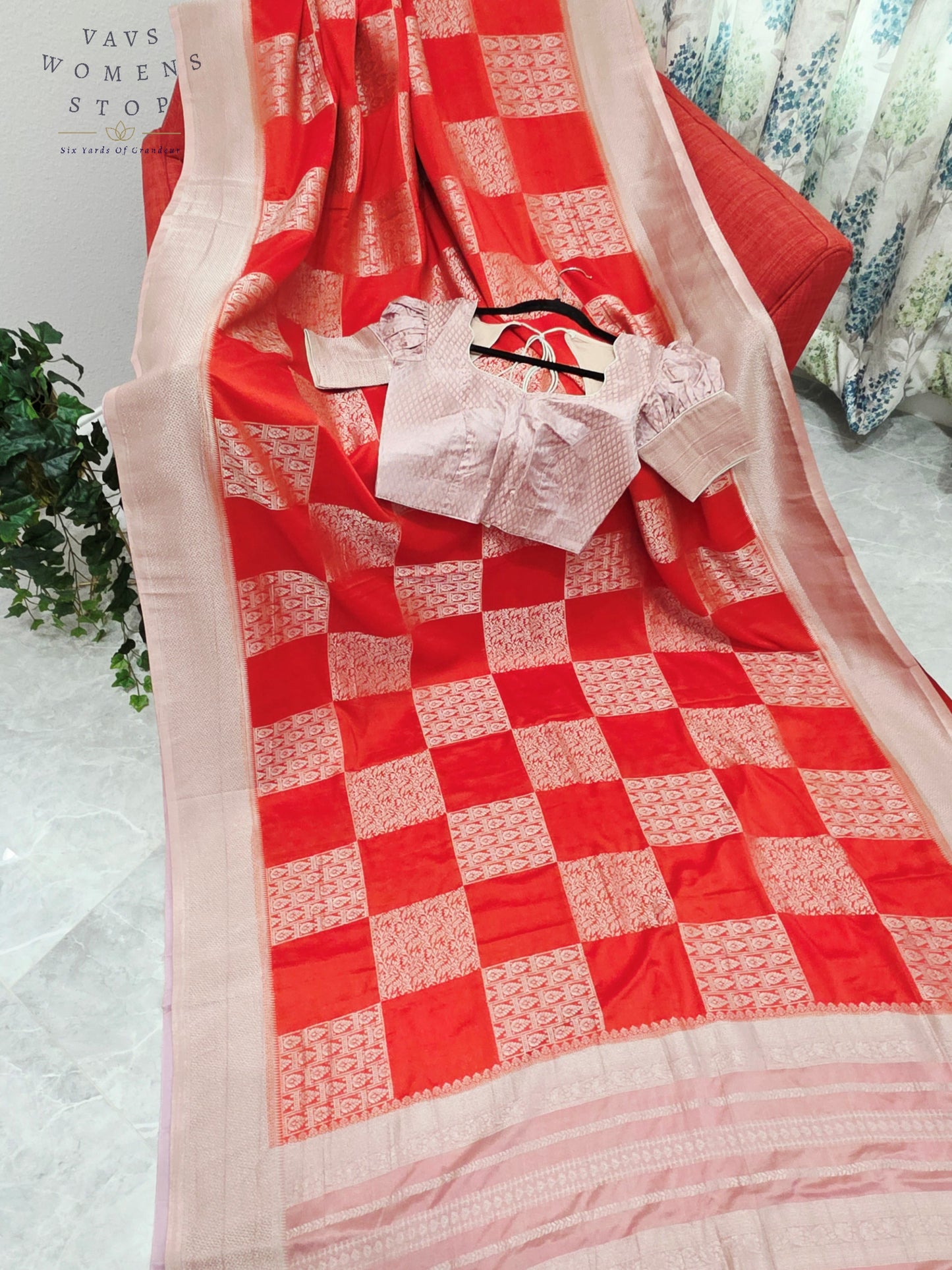 Orange Semi-Crepe Chiffon Saree with Mauve Pink & Beige Border | Stitched Blouse Included
