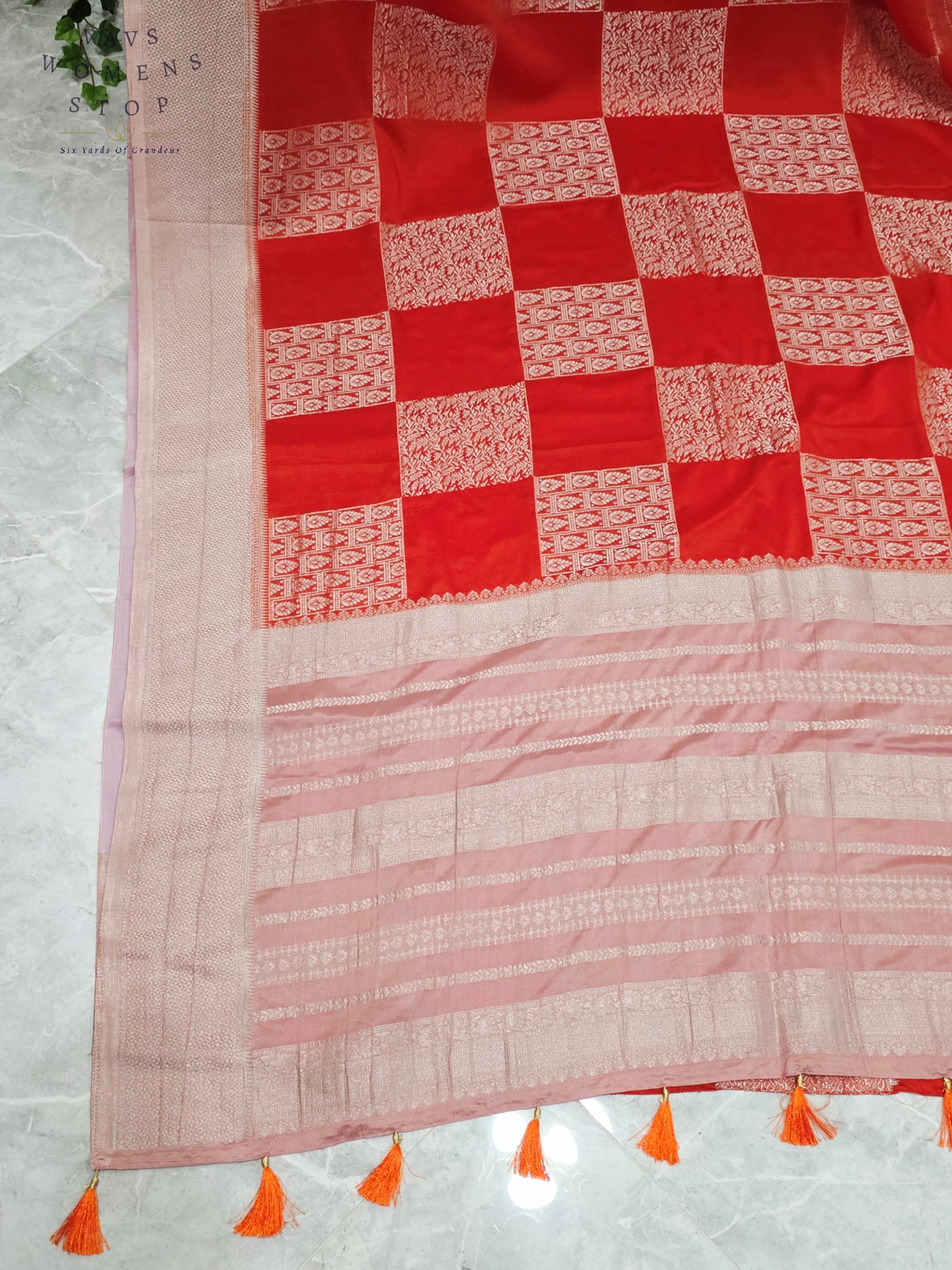 Orange Semi-Crepe Chiffon Saree with Mauve Pink & Beige Border | Stitched Blouse Included