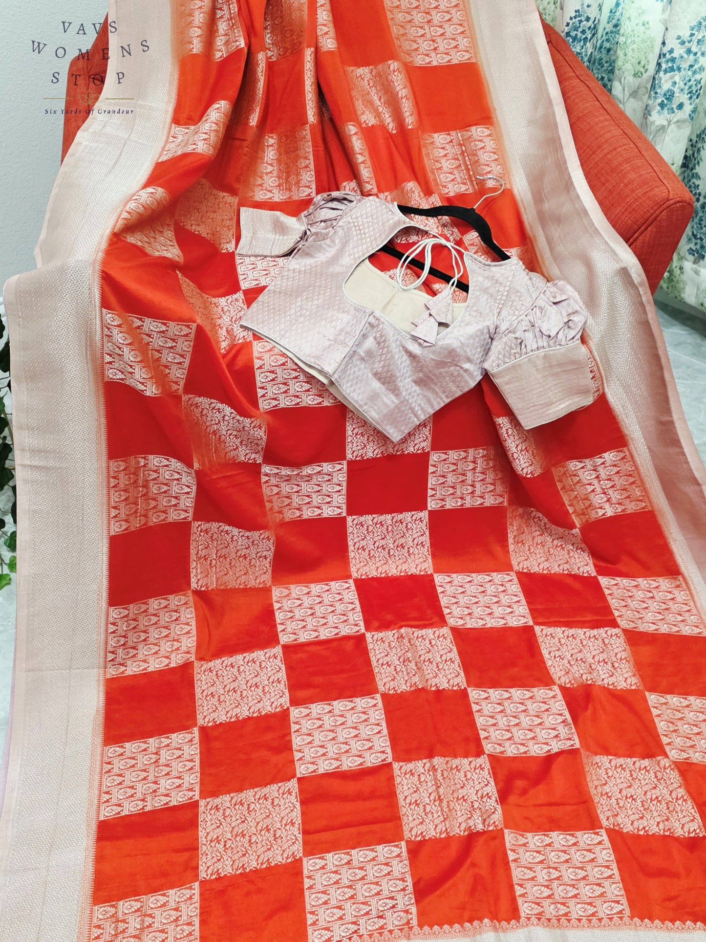 Orange Semi-Crepe Chiffon Saree with Mauve Pink & Beige Border | Stitched Blouse Included