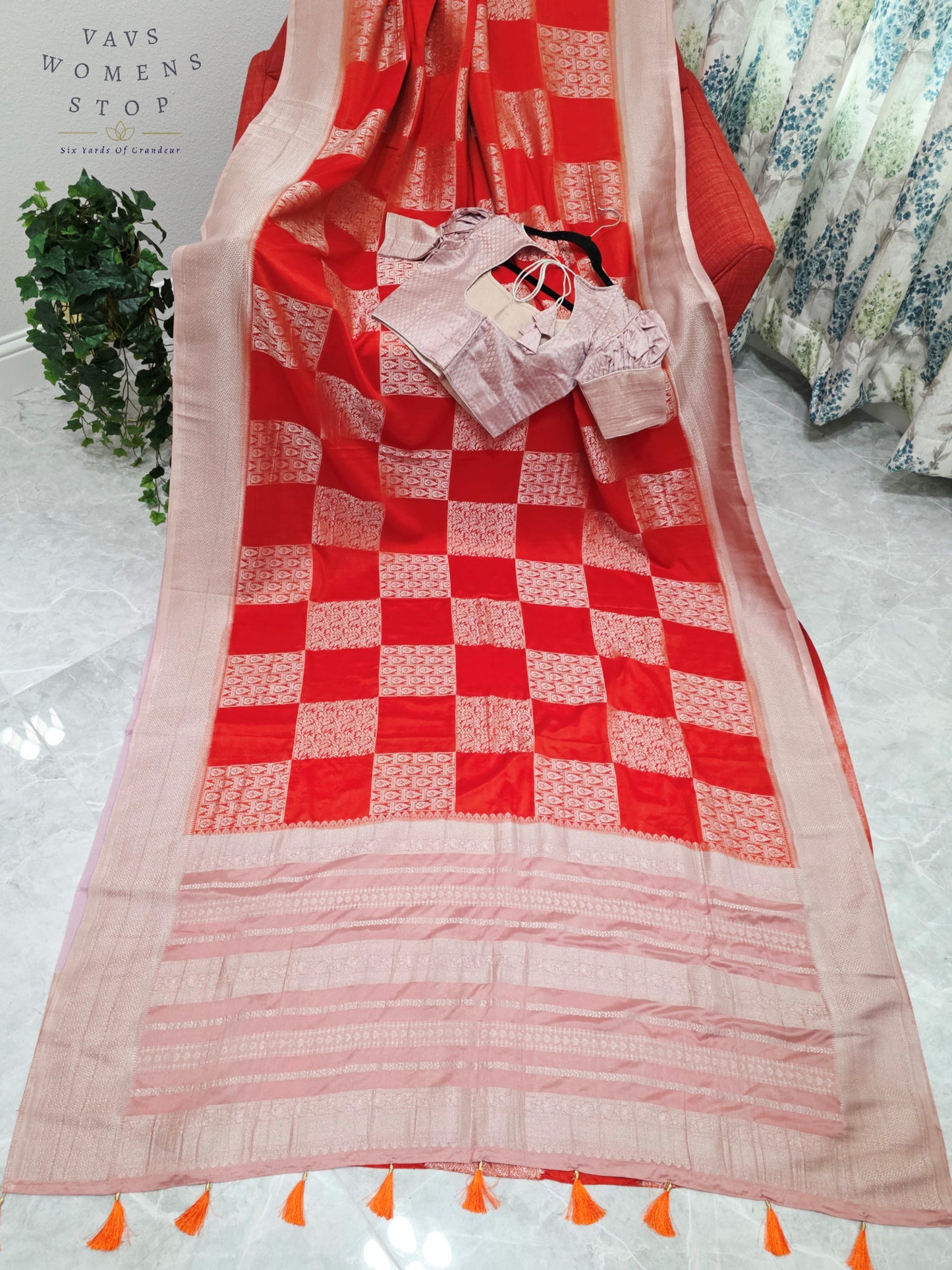 Orange Semi-Crepe Chiffon Saree with Mauve Pink & Beige Border | Stitched Blouse Included