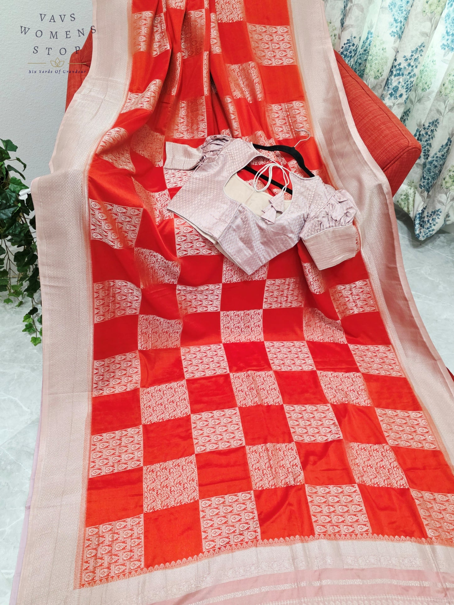 Orange Semi-Crepe Chiffon Saree with Mauve Pink & Beige Border | Stitched Blouse Included