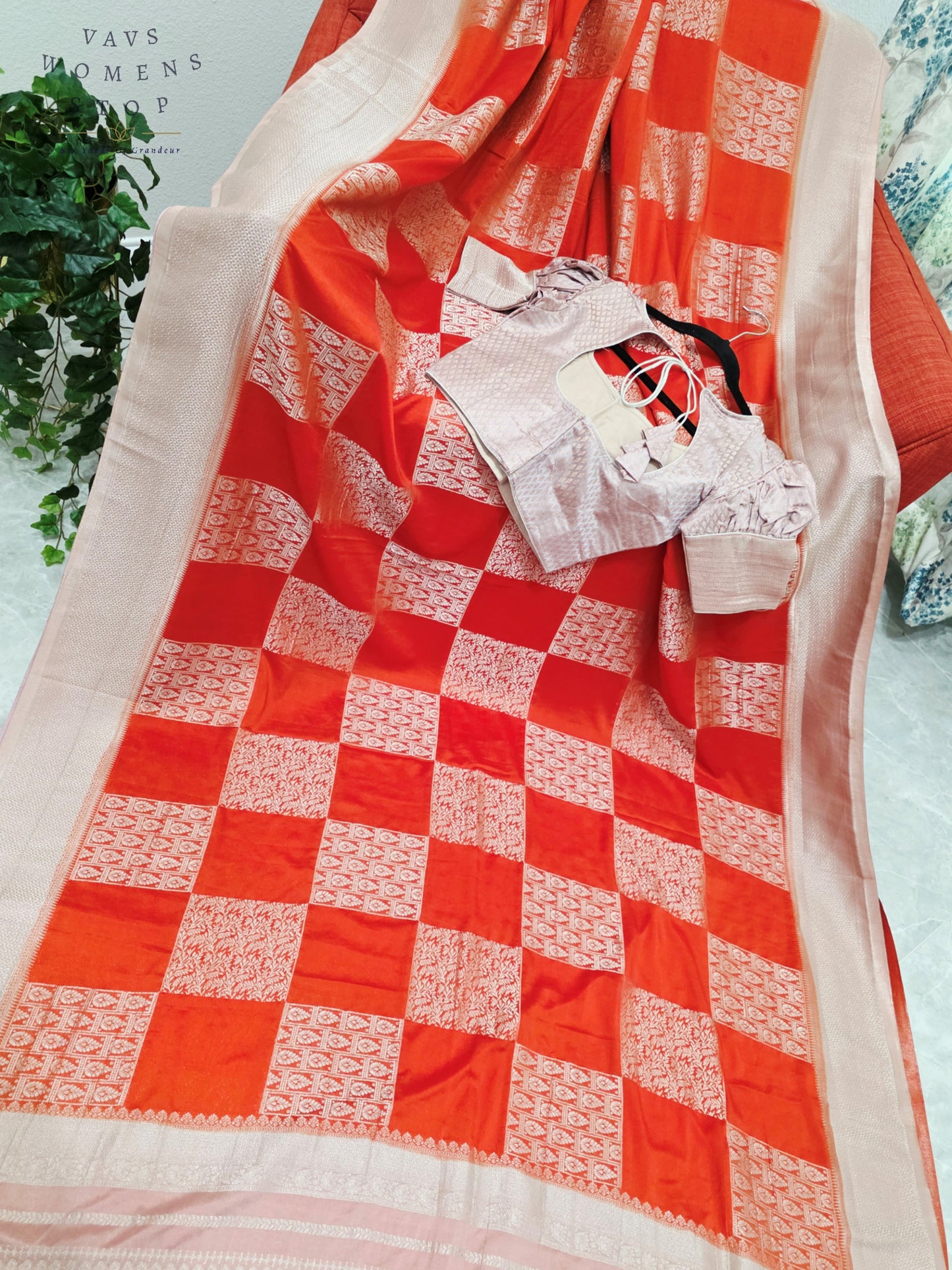 Orange Semi-Crepe Chiffon Saree with Mauve Pink & Beige Border | Stitched Blouse Included