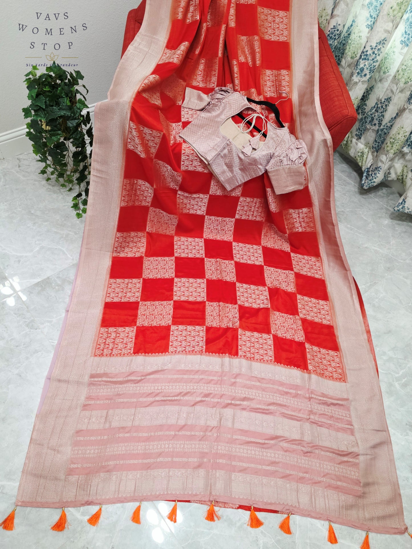 Orange Semi-Crepe Chiffon Saree with Mauve Pink & Beige Border | Stitched Blouse Included