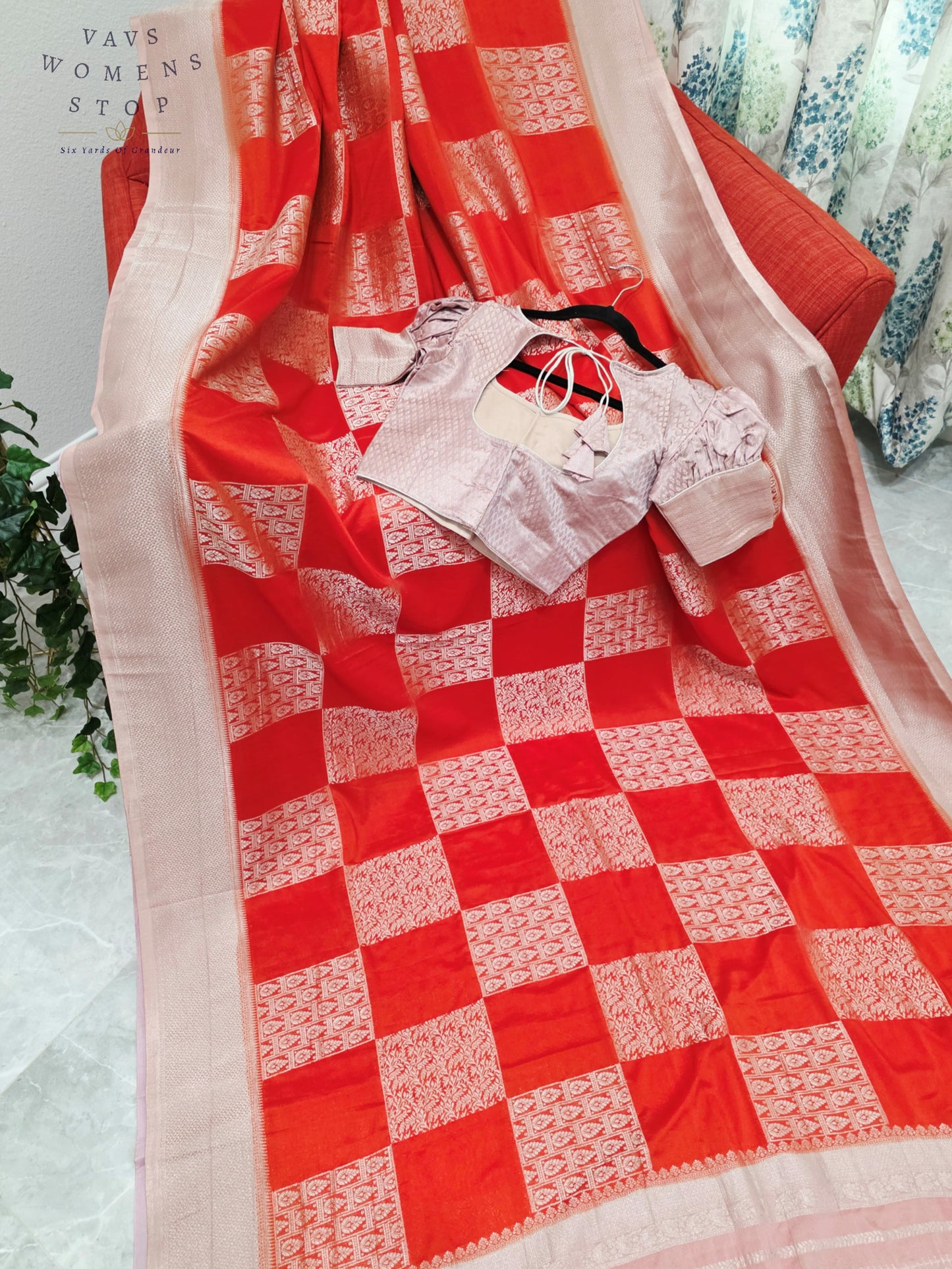 Orange Semi-Crepe Chiffon Saree with Mauve Pink & Beige Border | Stitched Blouse Included