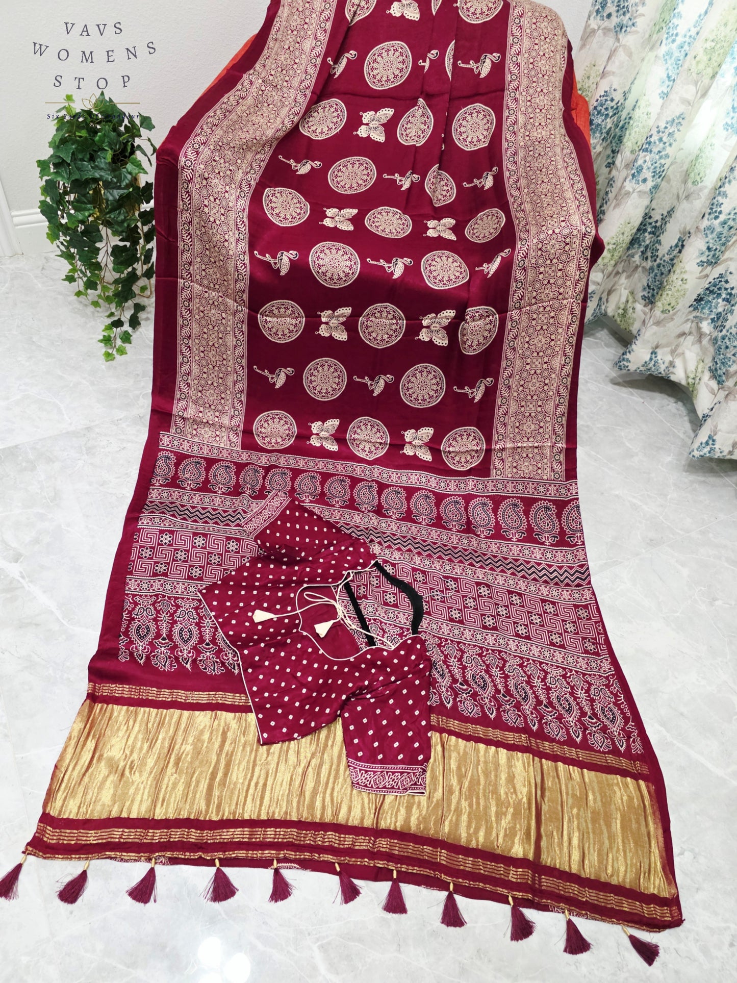 Royal Wine Berry Ajrakh Semi Modal Silk Saree with Artisan Print & Stitched Blouse