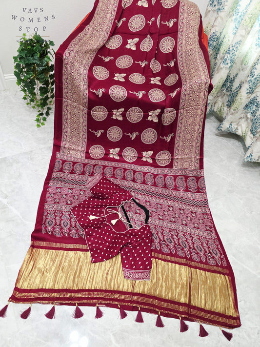 Royal Wine Berry Ajrakh Semi Modal Silk Saree with Artisan Print & Stitched Blouse