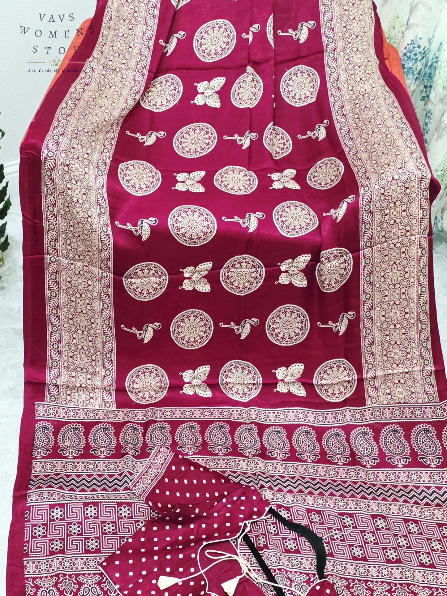 Royal Wine Berry Ajrakh Semi Modal Silk Saree with Artisan Print & Stitched Blouse
