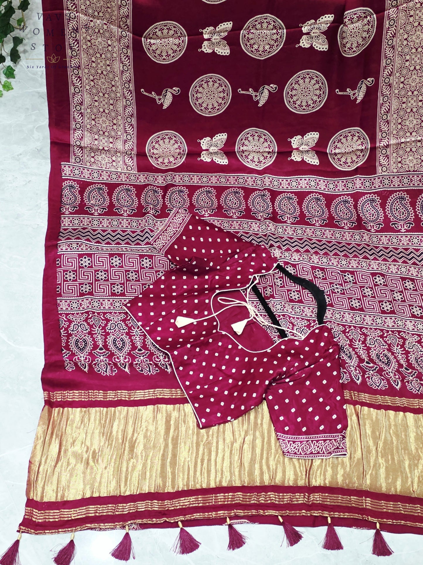 Royal Wine Berry Ajrakh Semi Modal Silk Saree with Artisan Print & Stitched Blouse