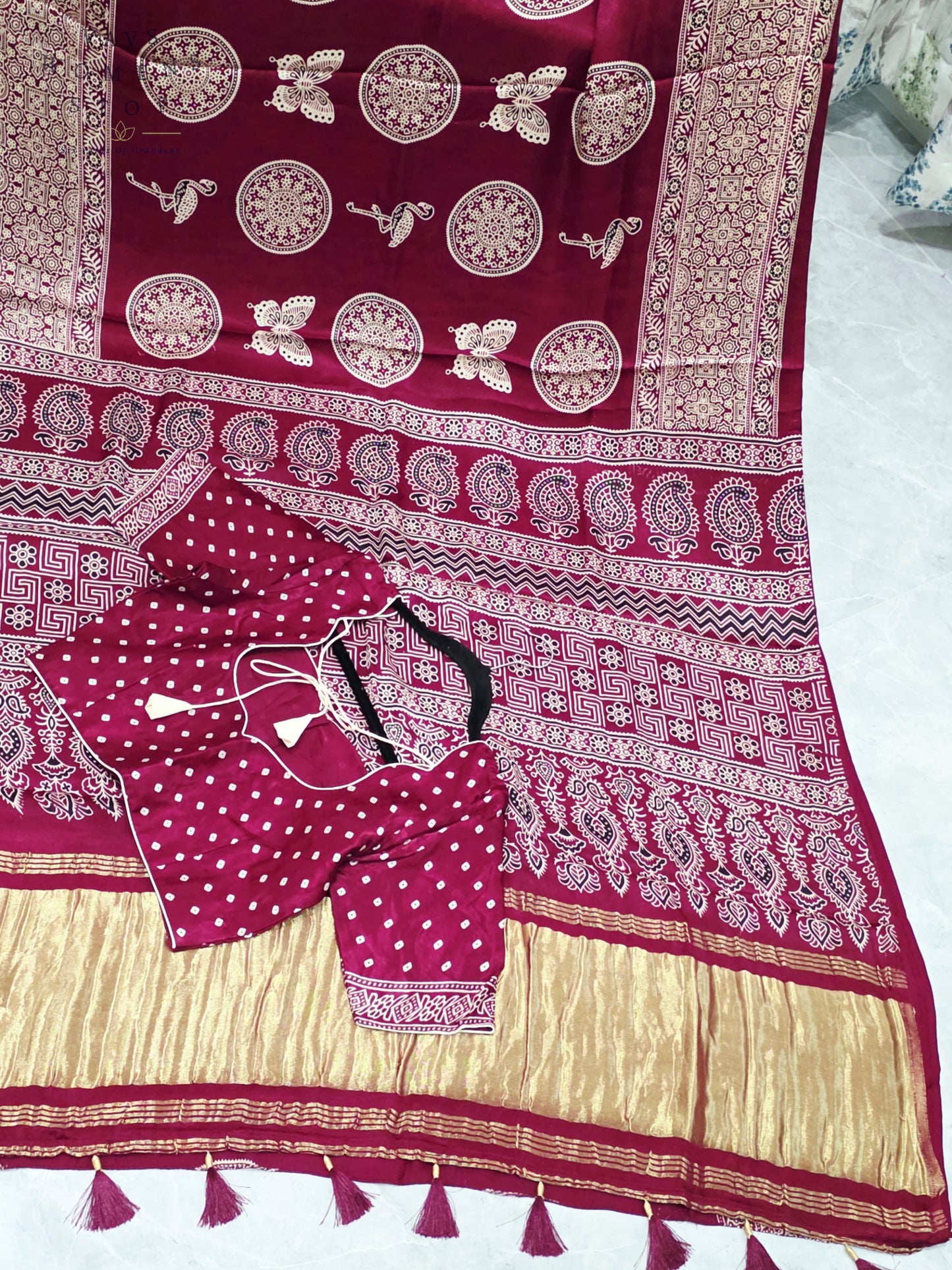 Royal Wine Berry Ajrakh Semi Modal Silk Saree with Artisan Print & Stitched Blouse