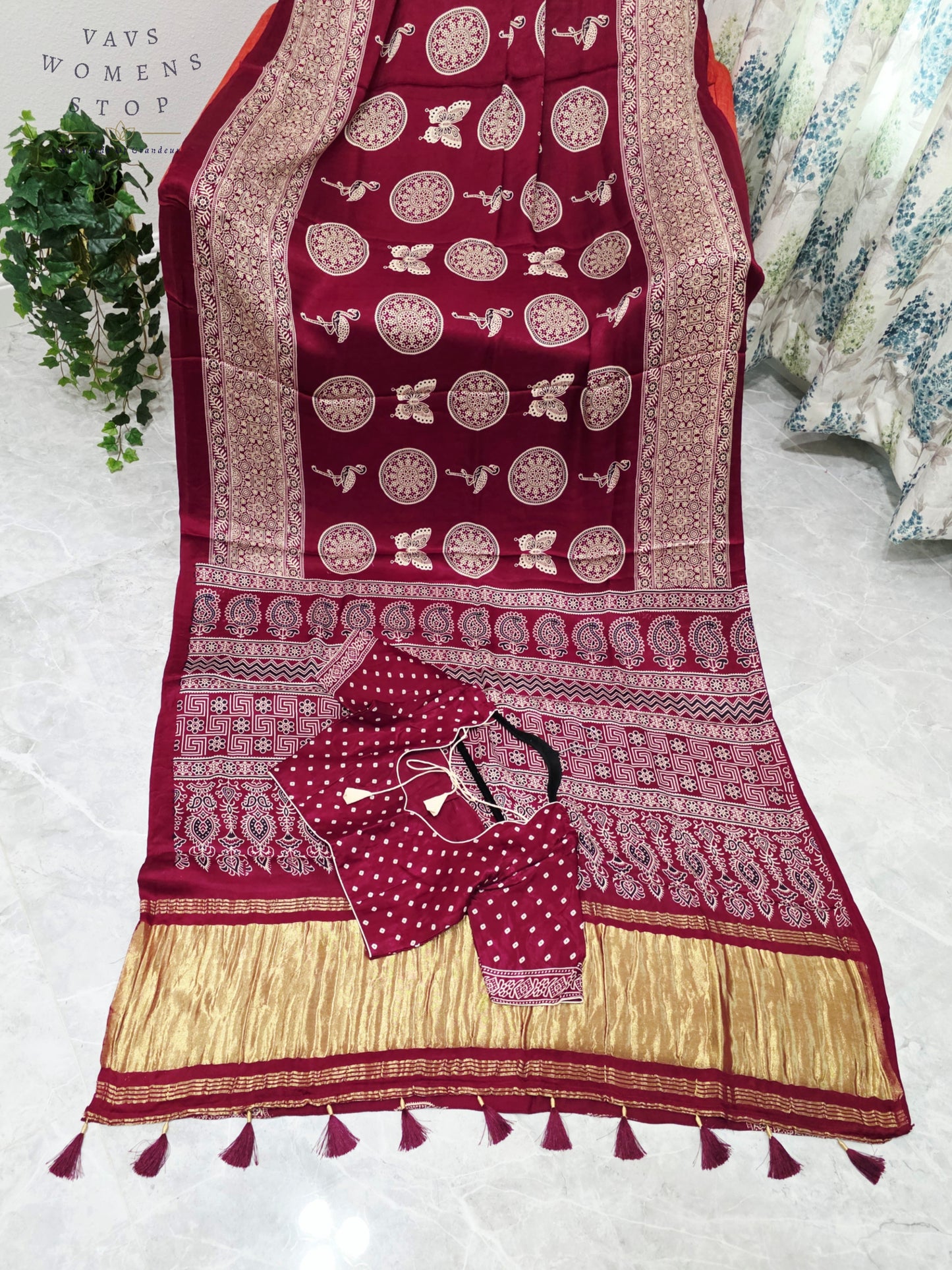 Royal Wine Berry Ajrakh Semi Modal Silk Saree with Artisan Print & Stitched Blouse