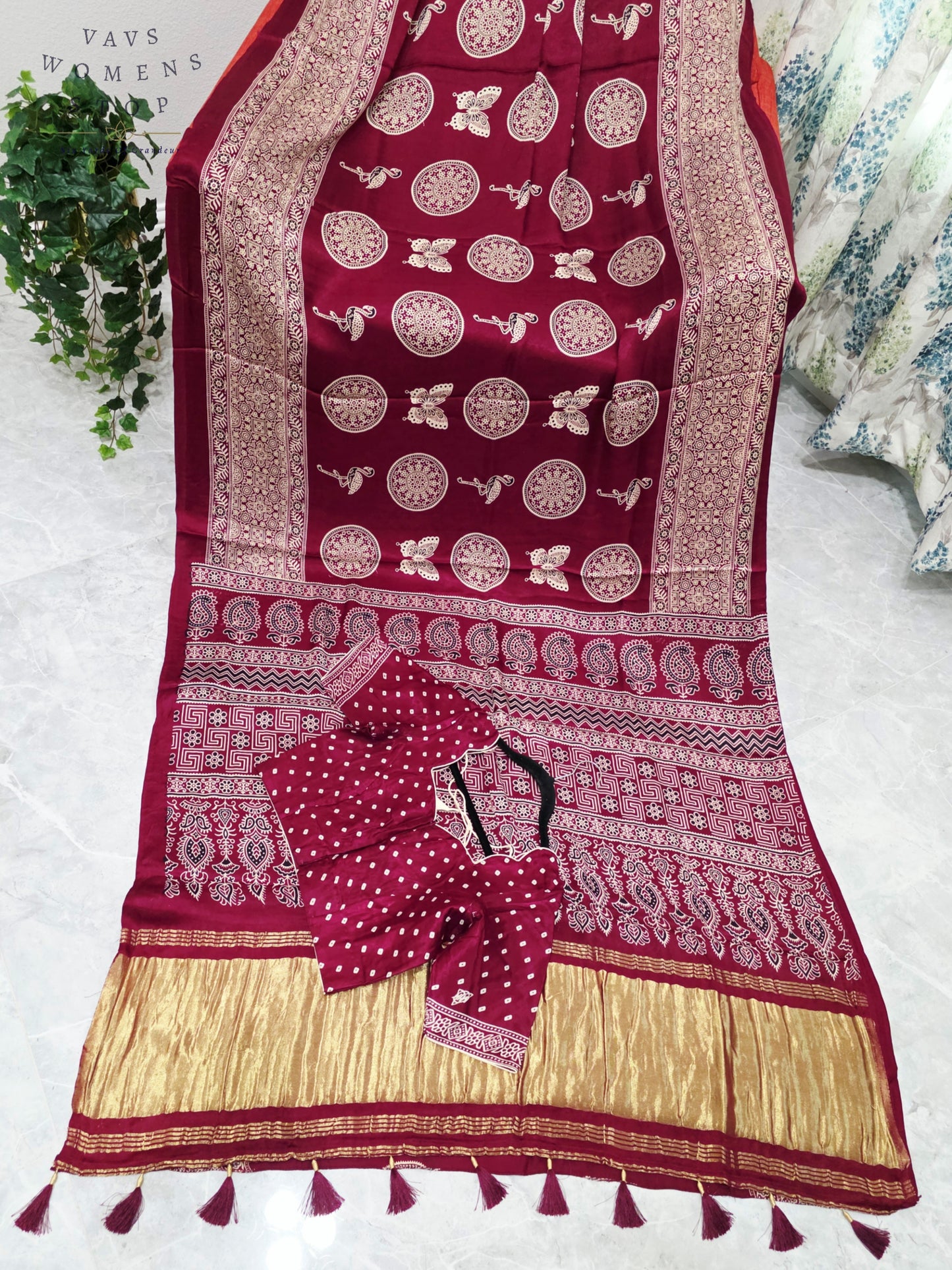 Royal Wine Berry Ajrakh Semi Modal Silk Saree with Artisan Print & Stitched Blouse