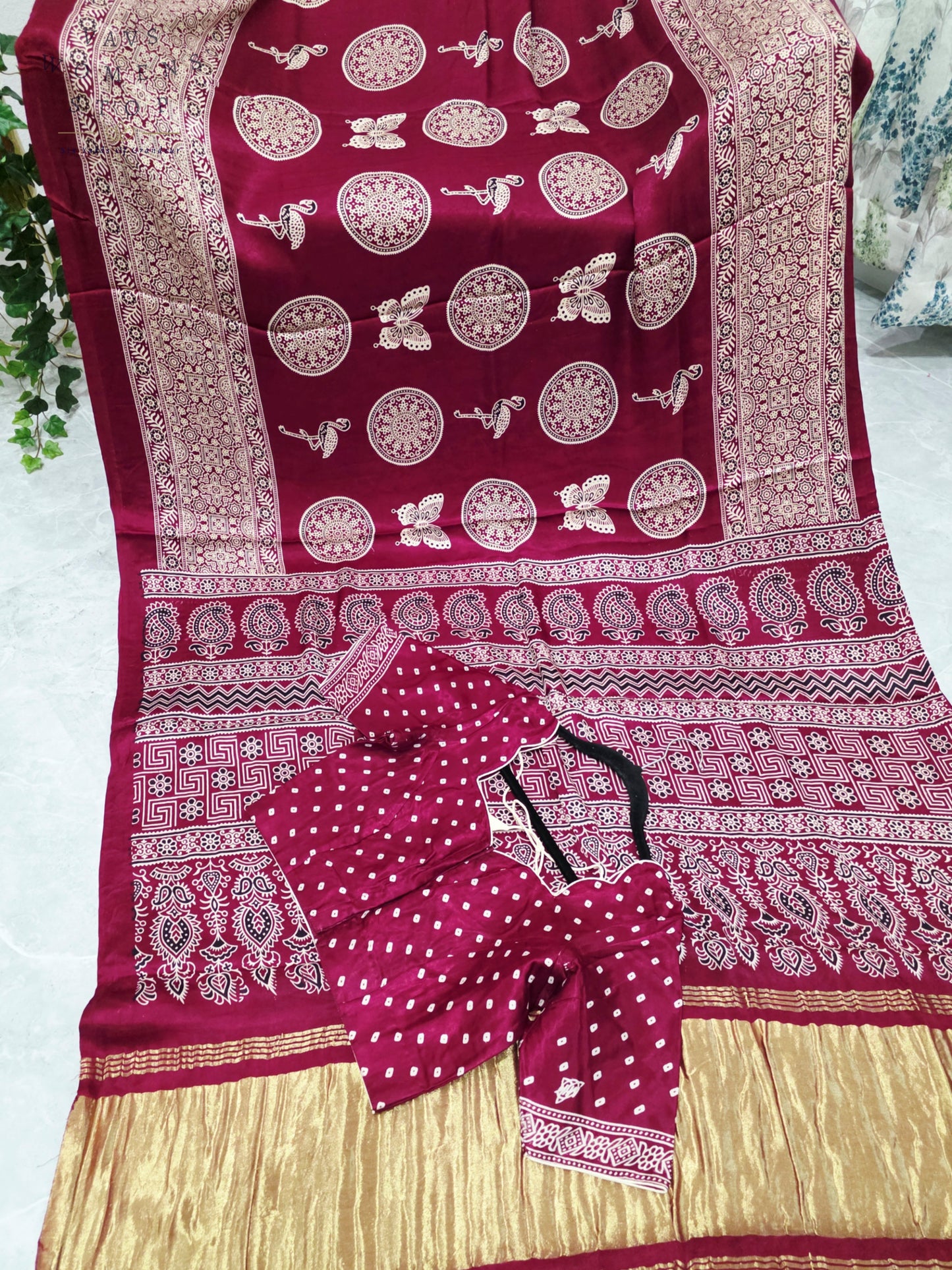 Royal Wine Berry Ajrakh Semi Modal Silk Saree with Artisan Print & Stitched Blouse