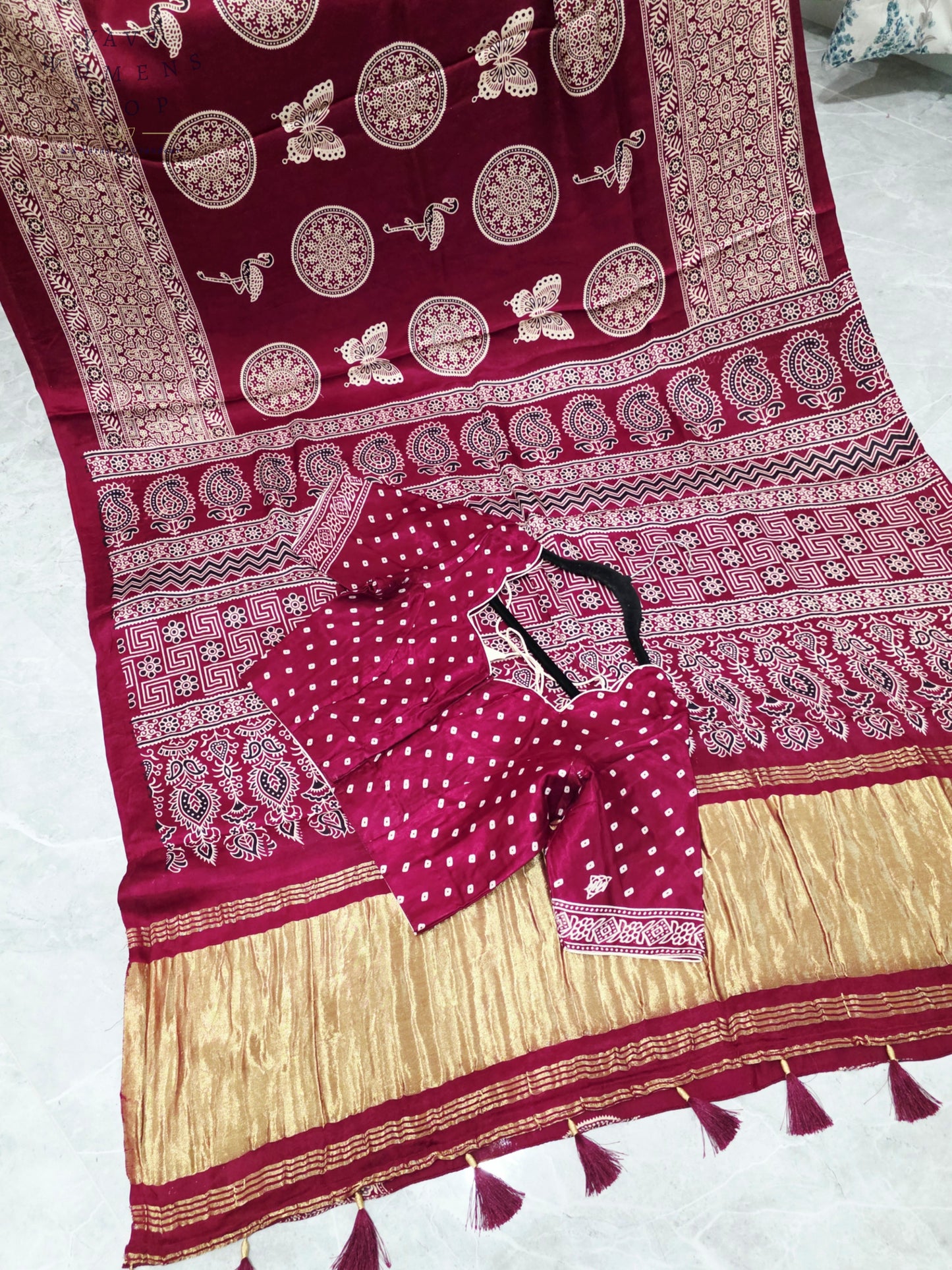 Royal Wine Berry Ajrakh Semi Modal Silk Saree with Artisan Print & Stitched Blouse